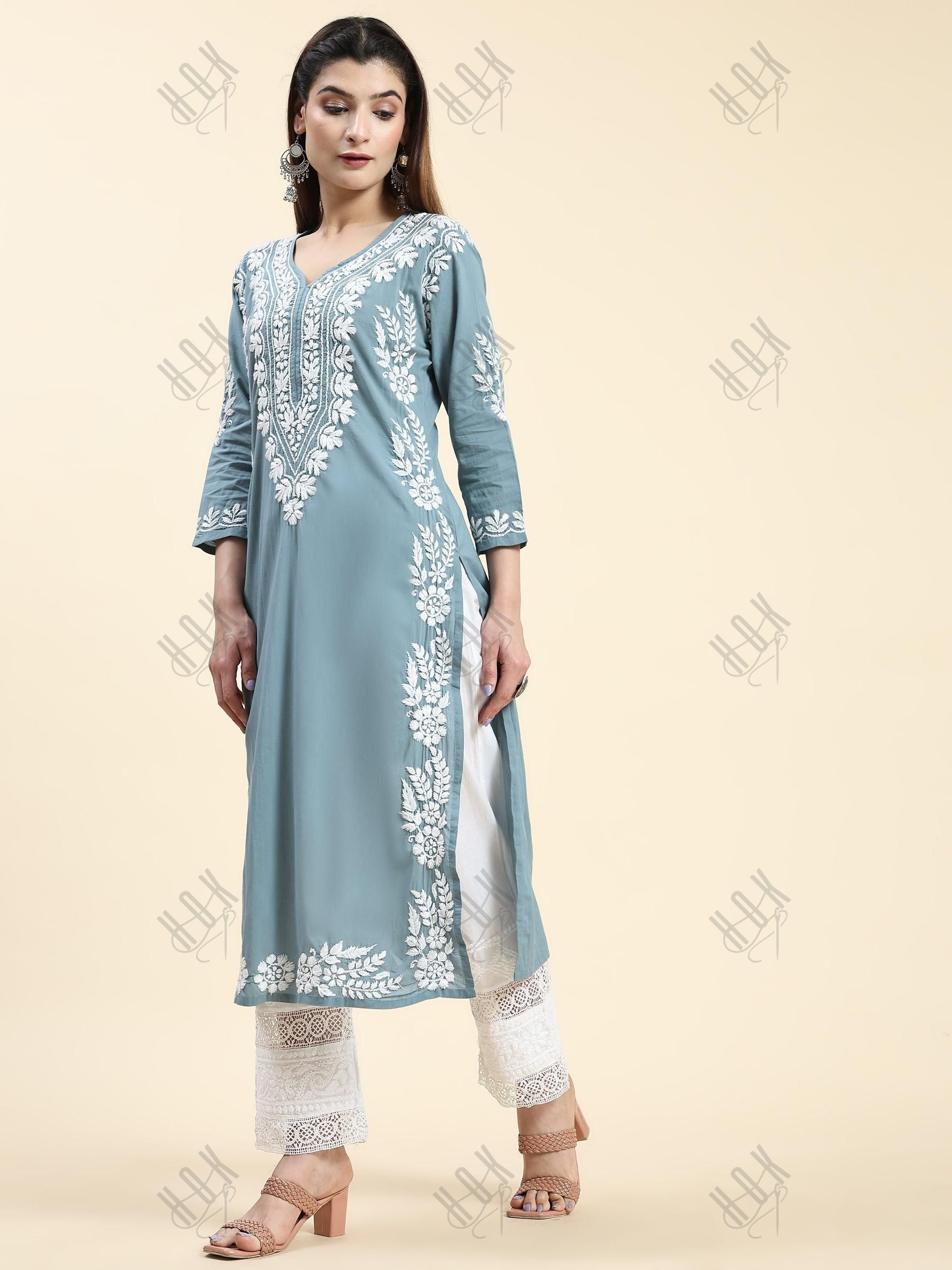 Samma Chikankari Long Kurti In Cotton For Women - House Of Kari (Chikankari Clothing)