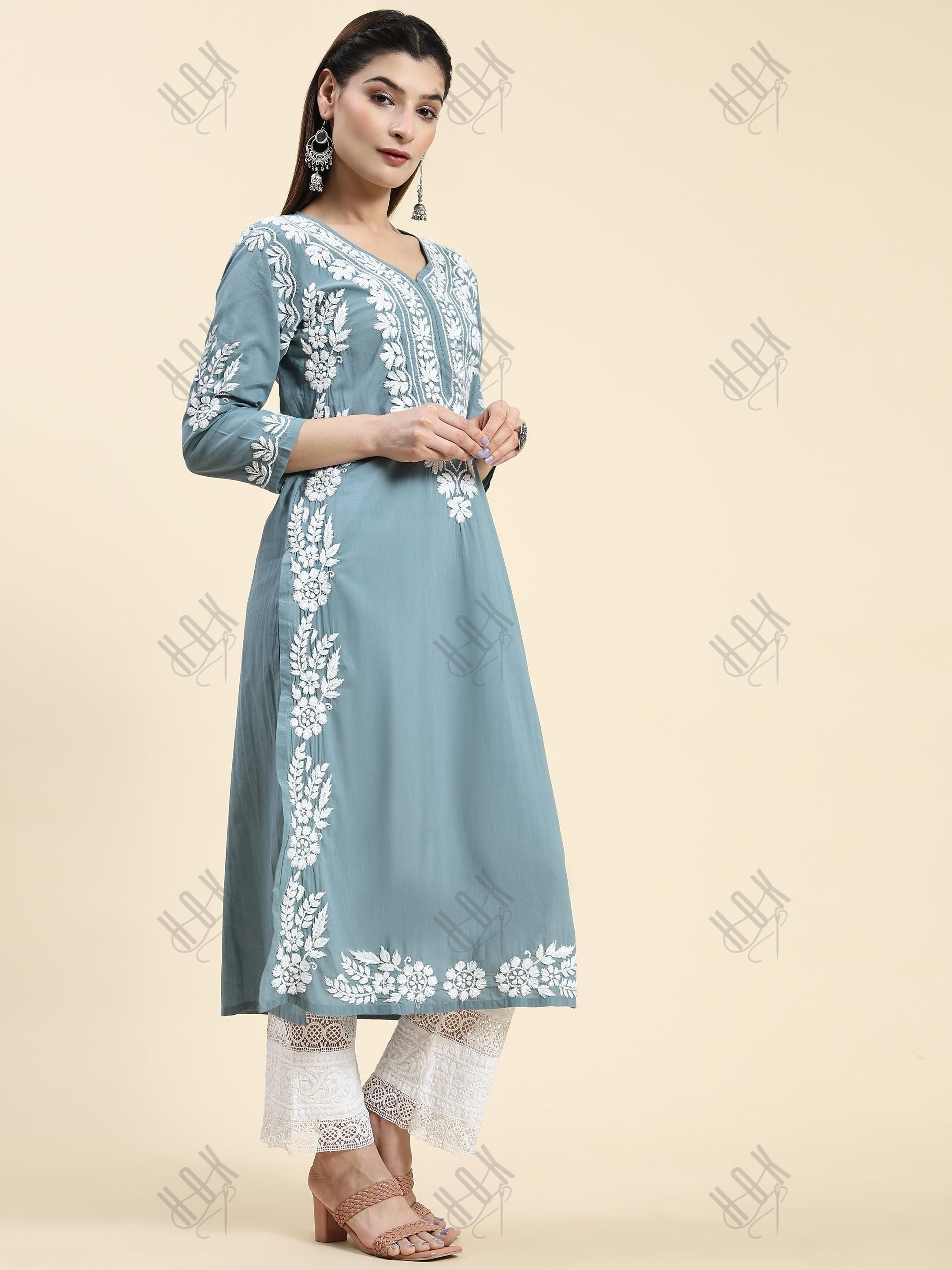 Samma Chikankari Long Kurti In Cotton For Women - House Of Kari (Chikankari Clothing)