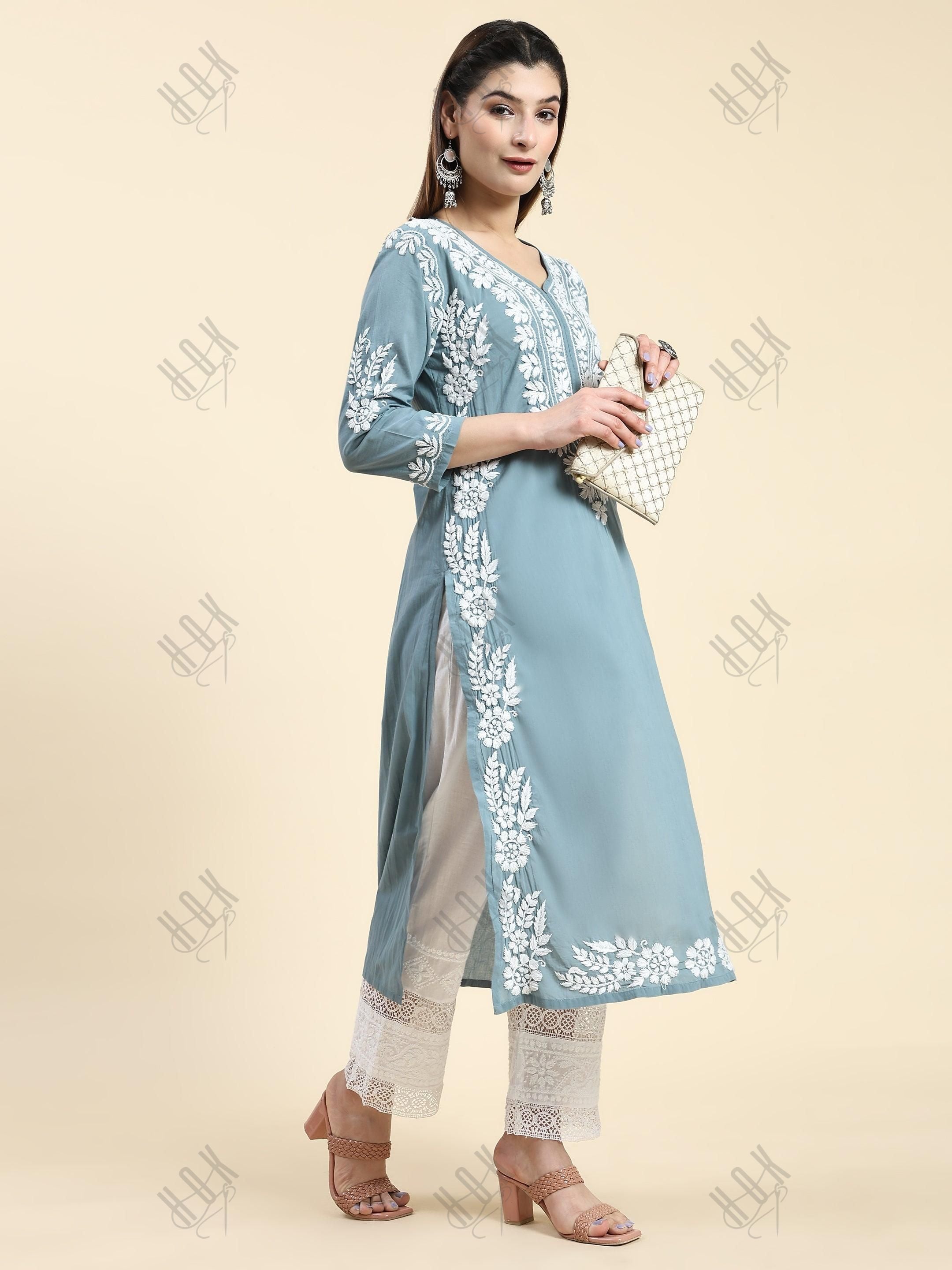 Samma Chikankari Long Kurti In Cotton For Women - House Of Kari (Chikankari Clothing)