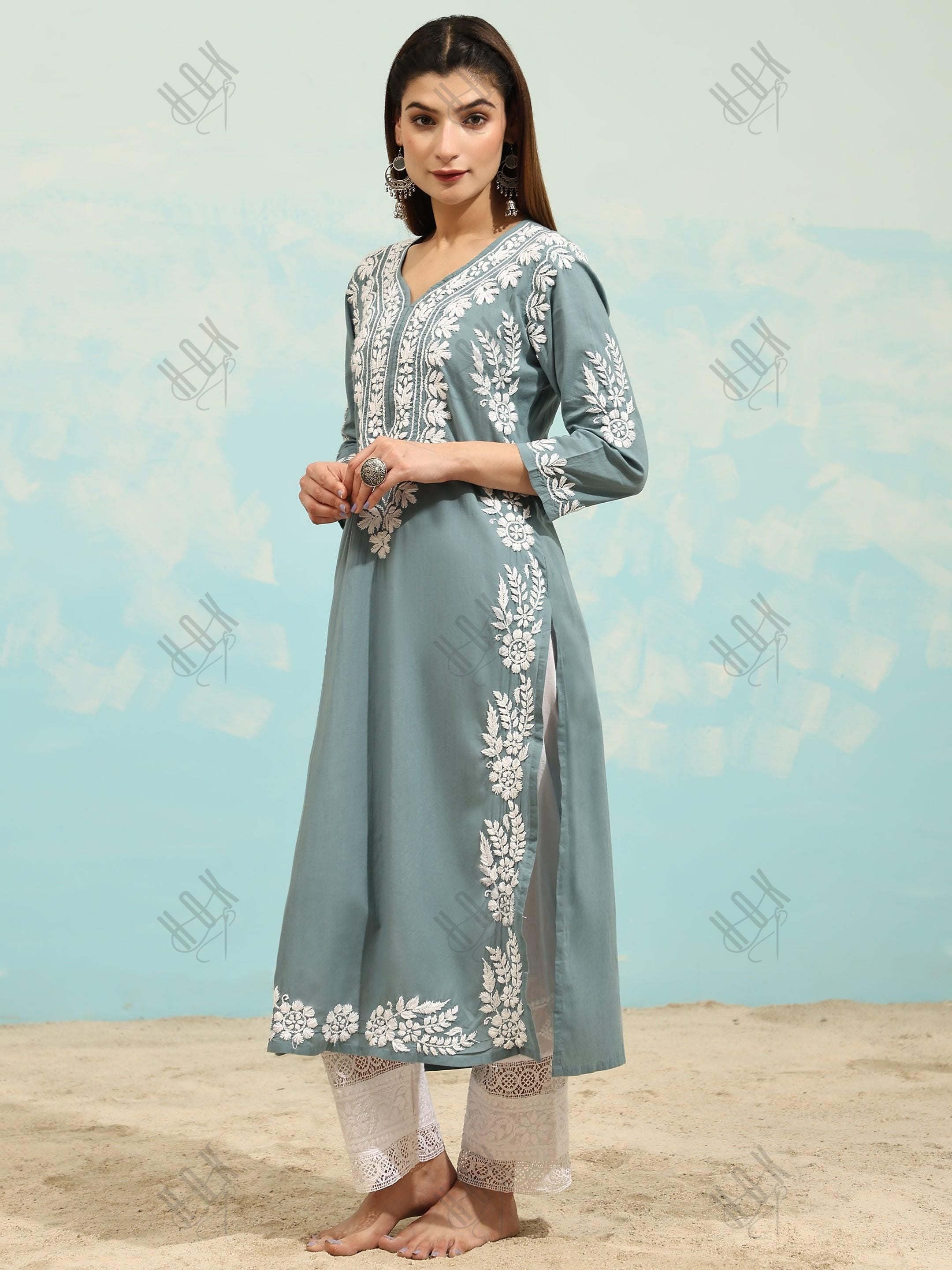 Samma Chikankari Long Kurti In Cotton For Women - House Of Kari (Chikankari Clothing)