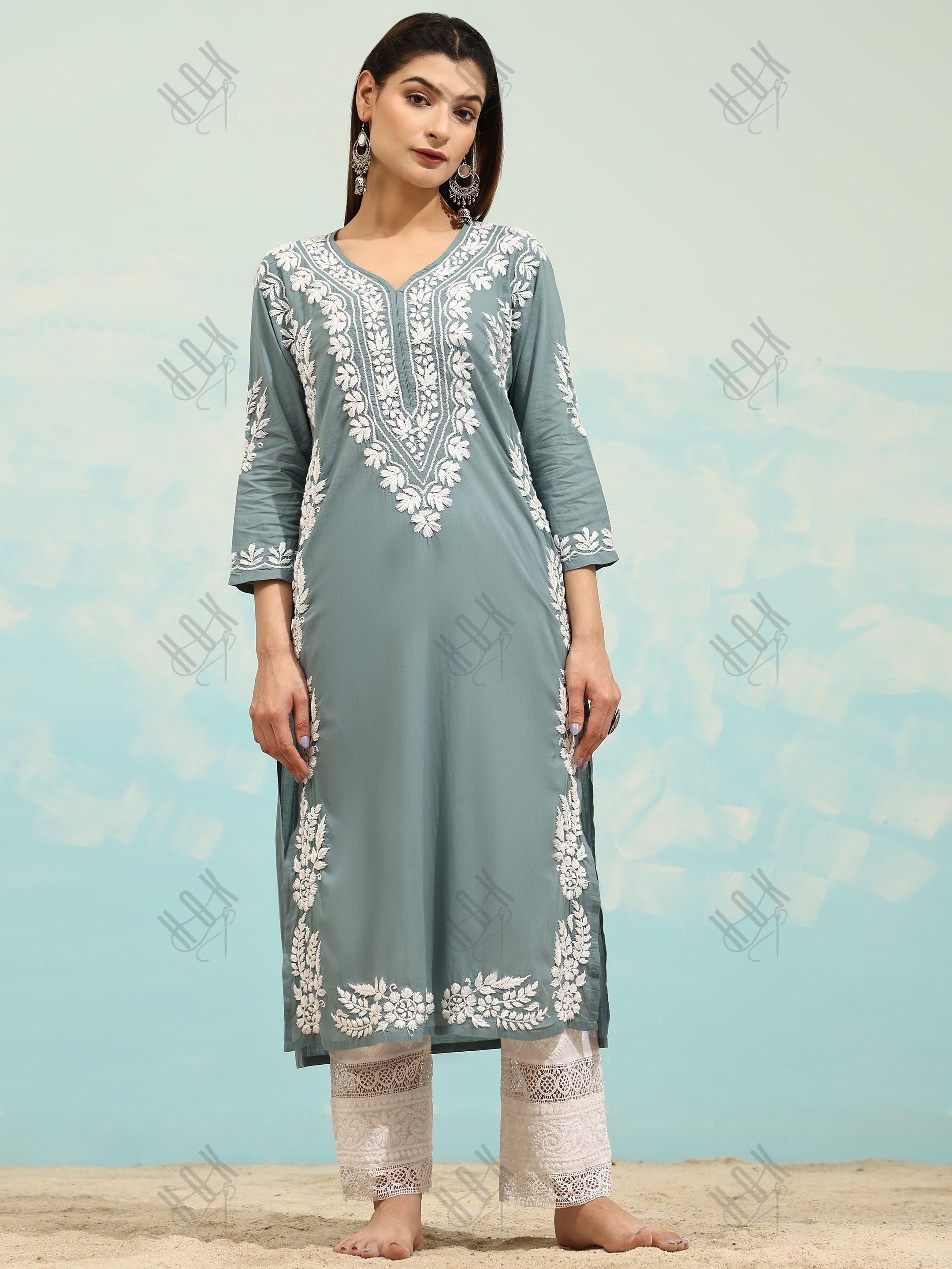 Samma Chikankari Long Kurti In Cotton For Women - House Of Kari (Chikankari Clothing)