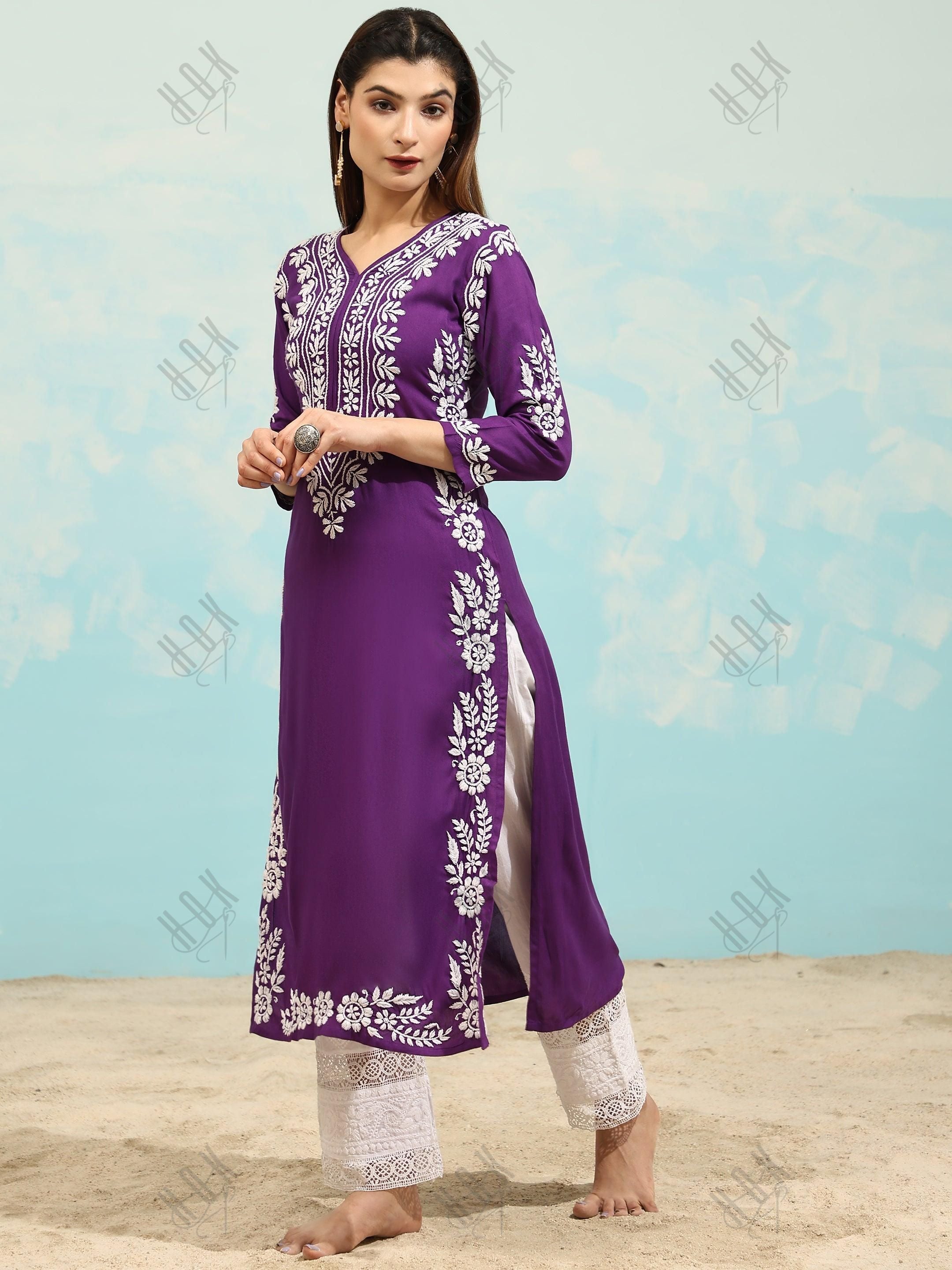 Samma Chikankari Long Kurta in Rayon Cotton for Women- Purple - House Of Kari (Chikankari Clothing)