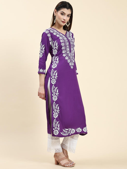 Samma Chikankari Long Kurta in Rayon Cotton for Women- Purple - House Of Kari (Chikankari Clothing)