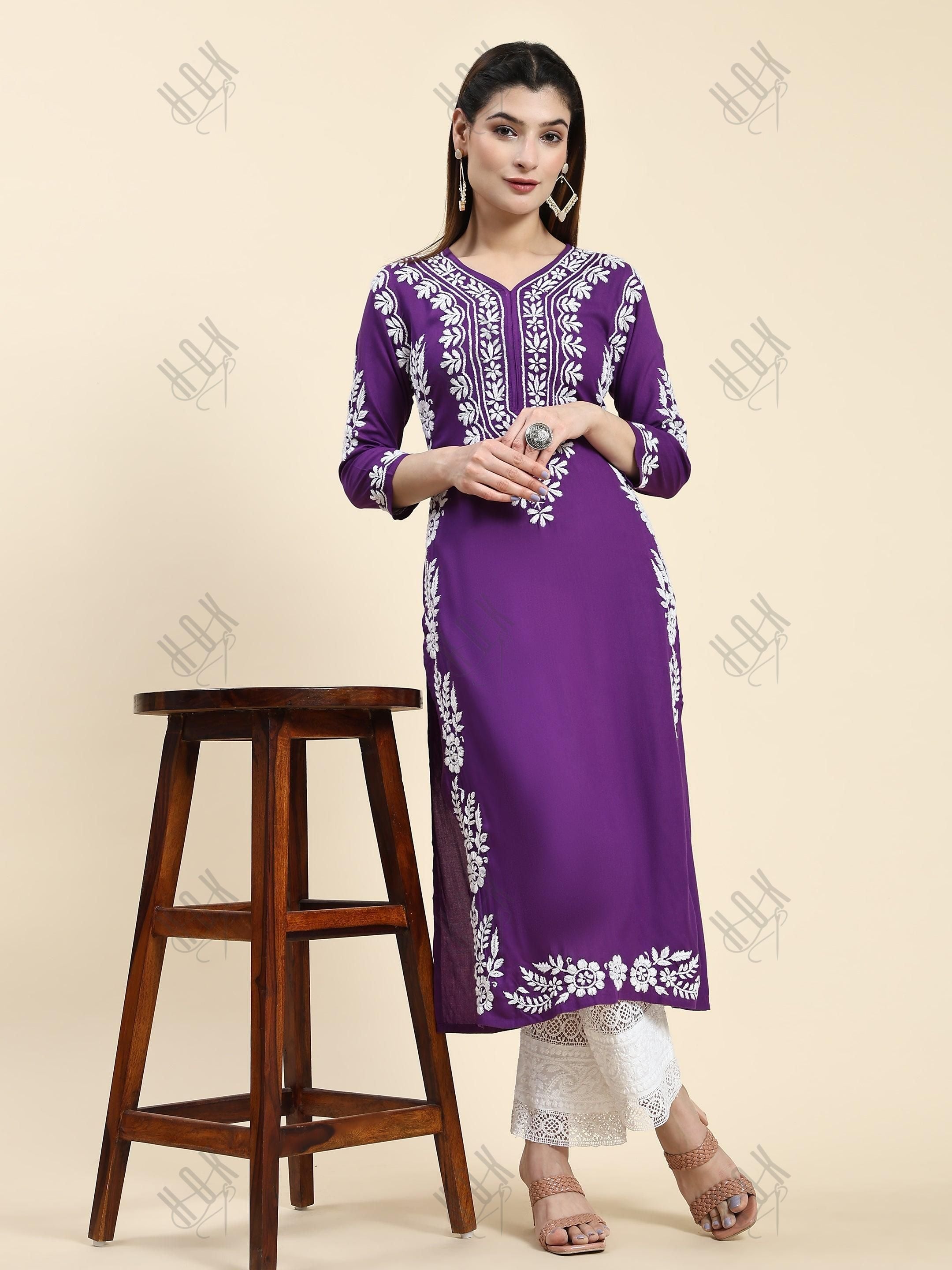 Samma Chikankari Long Kurta in Rayon Cotton for Women- Purple - House Of Kari (Chikankari Clothing)