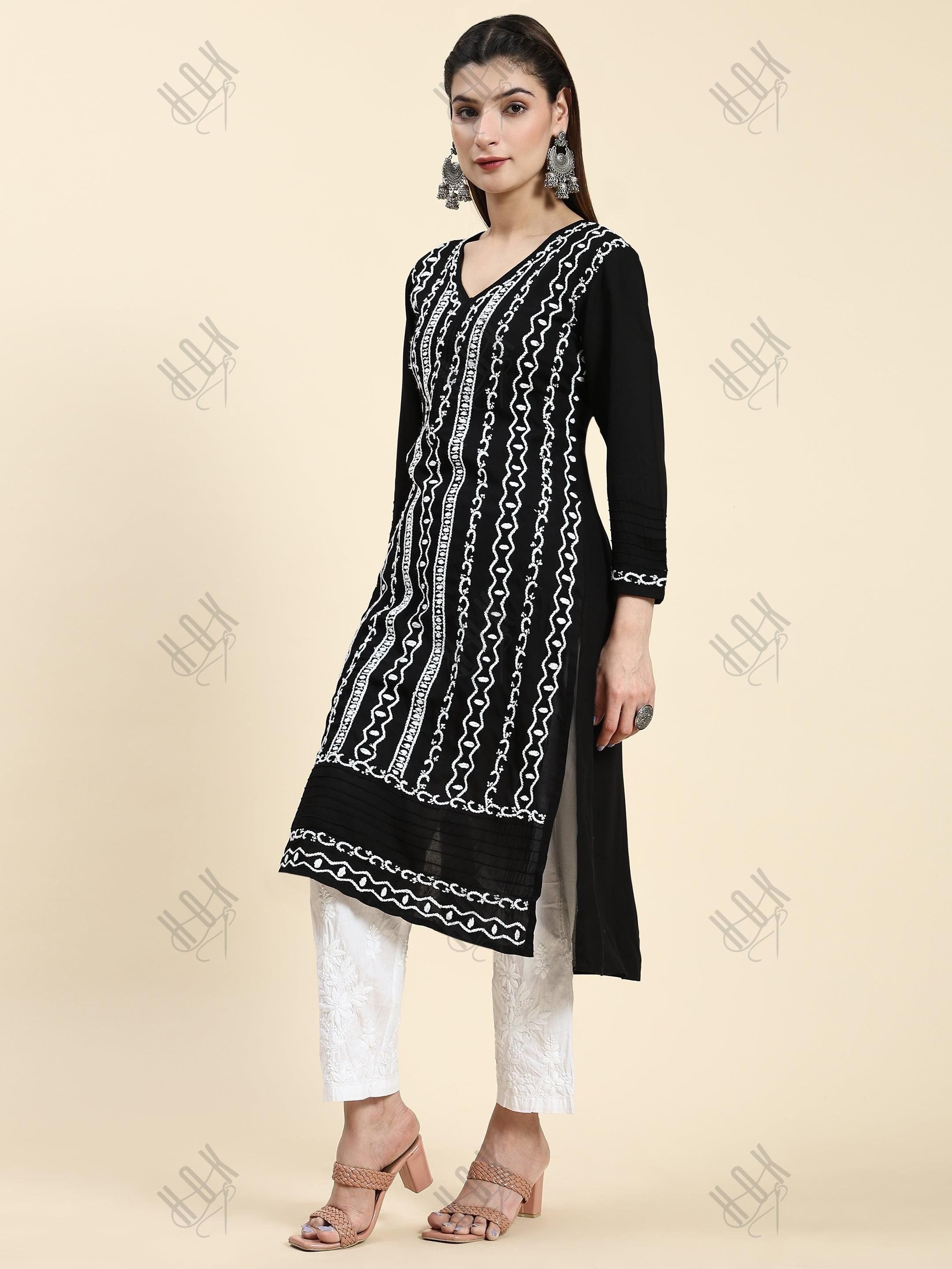 Samma Chikankari Long Kurta in Rayon Cotton for Women- Black With White - House Of Kari (Chikankari Clothing)