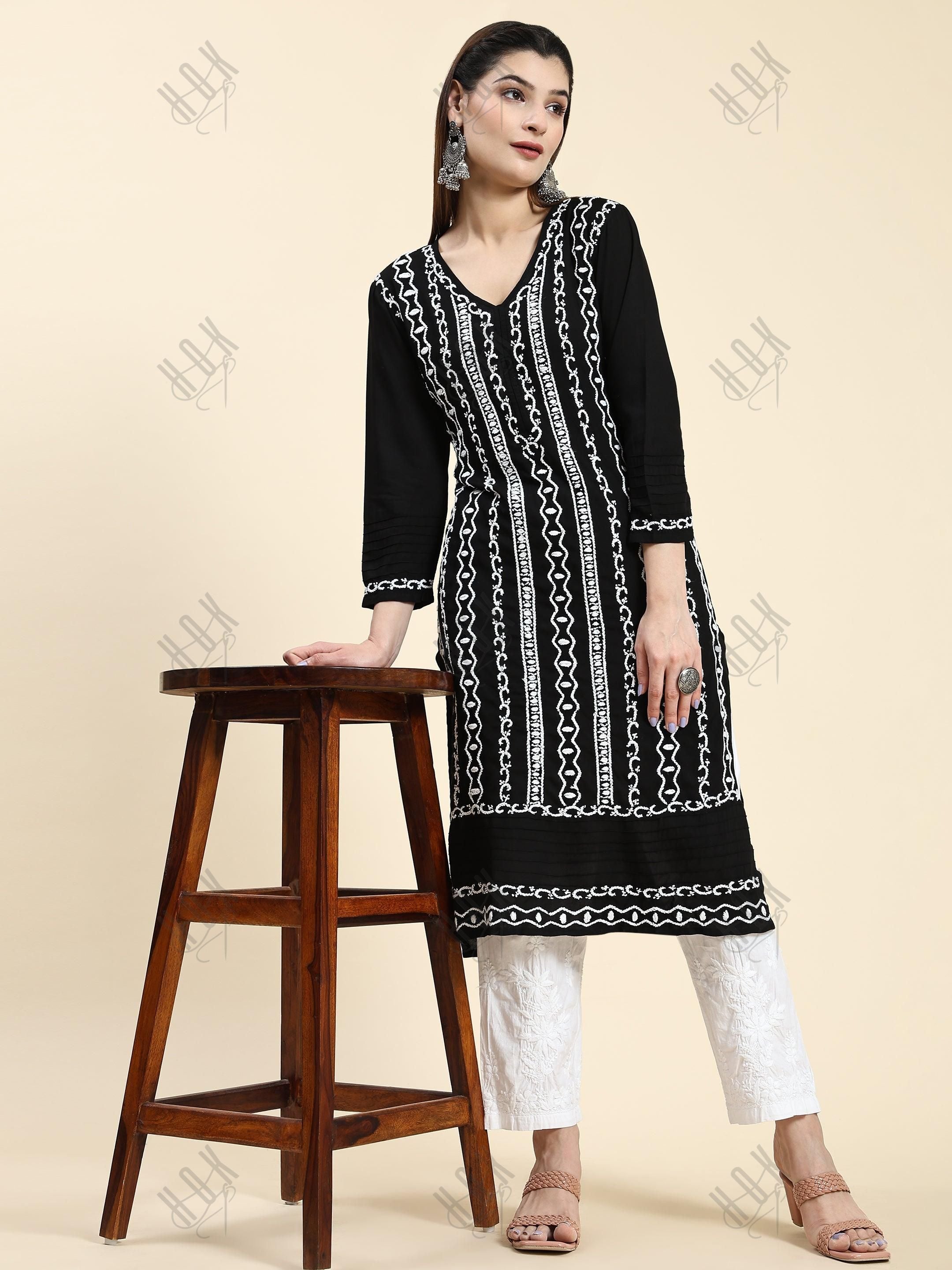 Samma Chikankari Long Kurta in Rayon Cotton for Women- Black With White - House Of Kari (Chikankari Clothing)