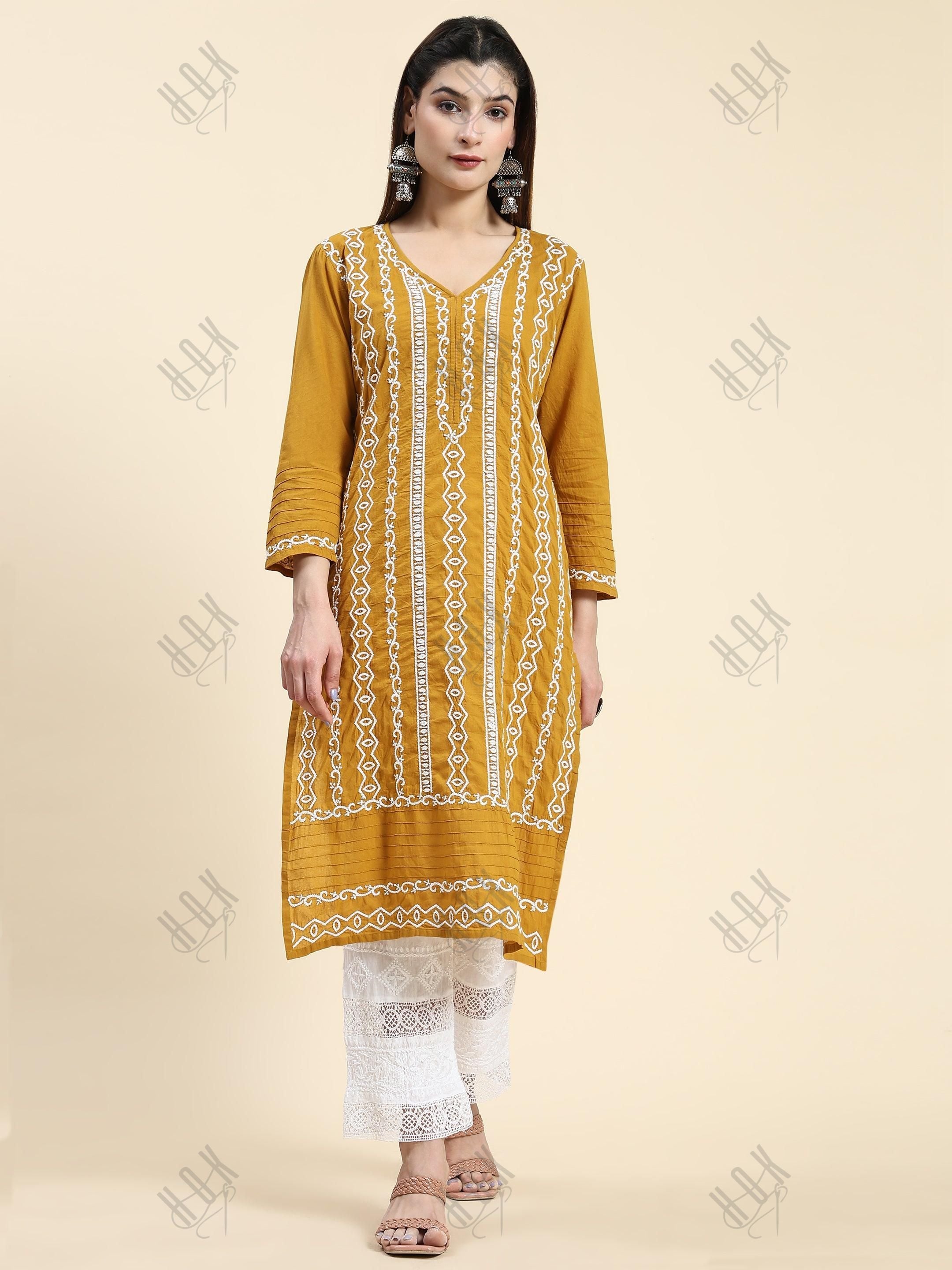 Samma Chikankari Long Kurti In Cotton for Women- Mustard - House Of Kari (Chikankari Clothing)