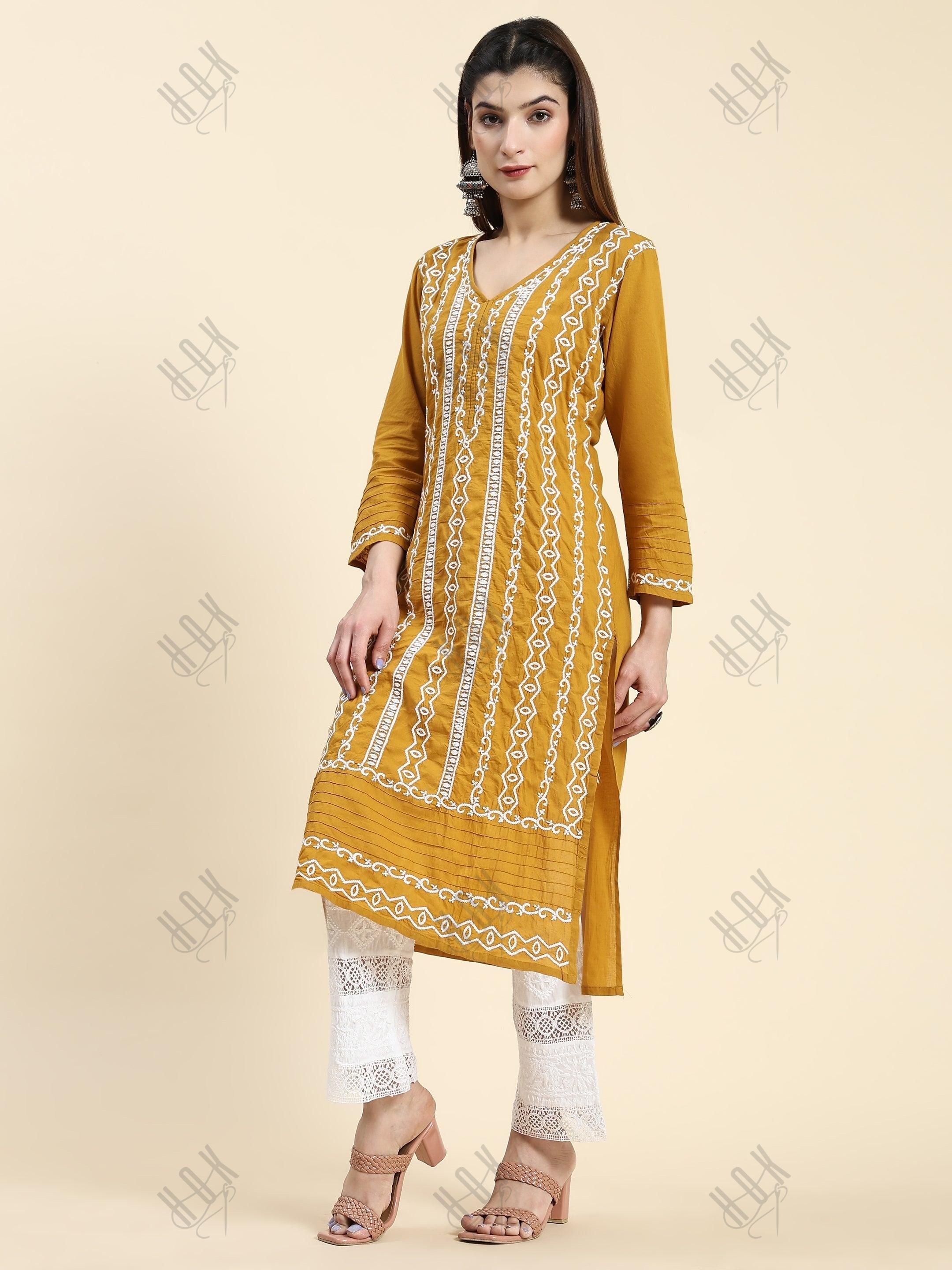 Samma Chikankari Long Kurti In Cotton for Women- Mustard - House Of Kari (Chikankari Clothing)