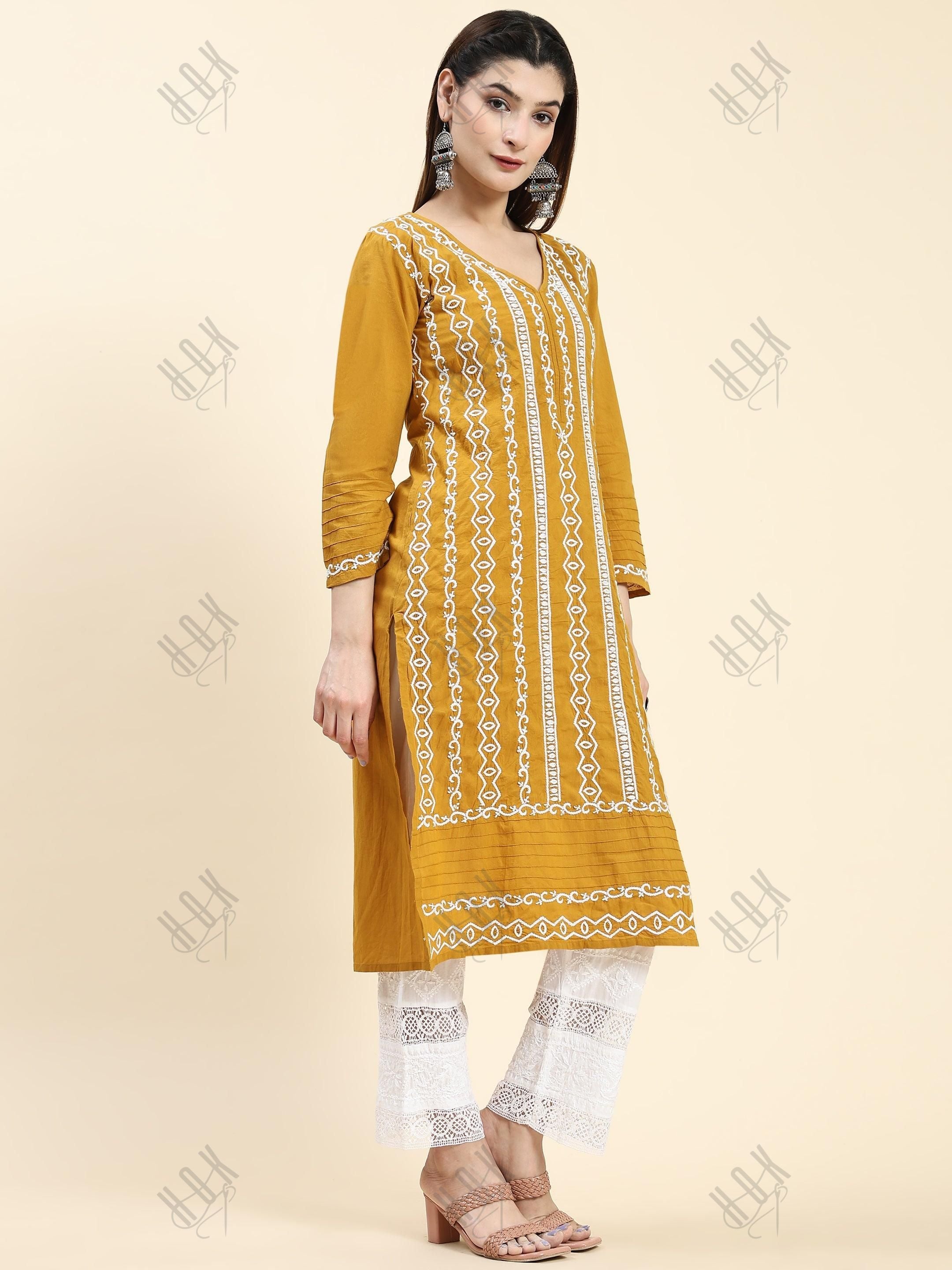 Samma Chikankari Long Kurti In Cotton for Women- Mustard - House Of Kari (Chikankari Clothing)