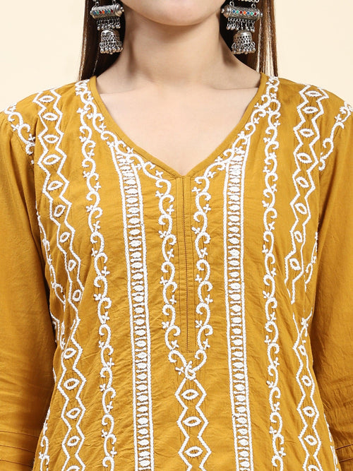 Samma Chikankari Long Kurti In Cotton for Women- Mustard - House Of Kari (Chikankari Clothing)