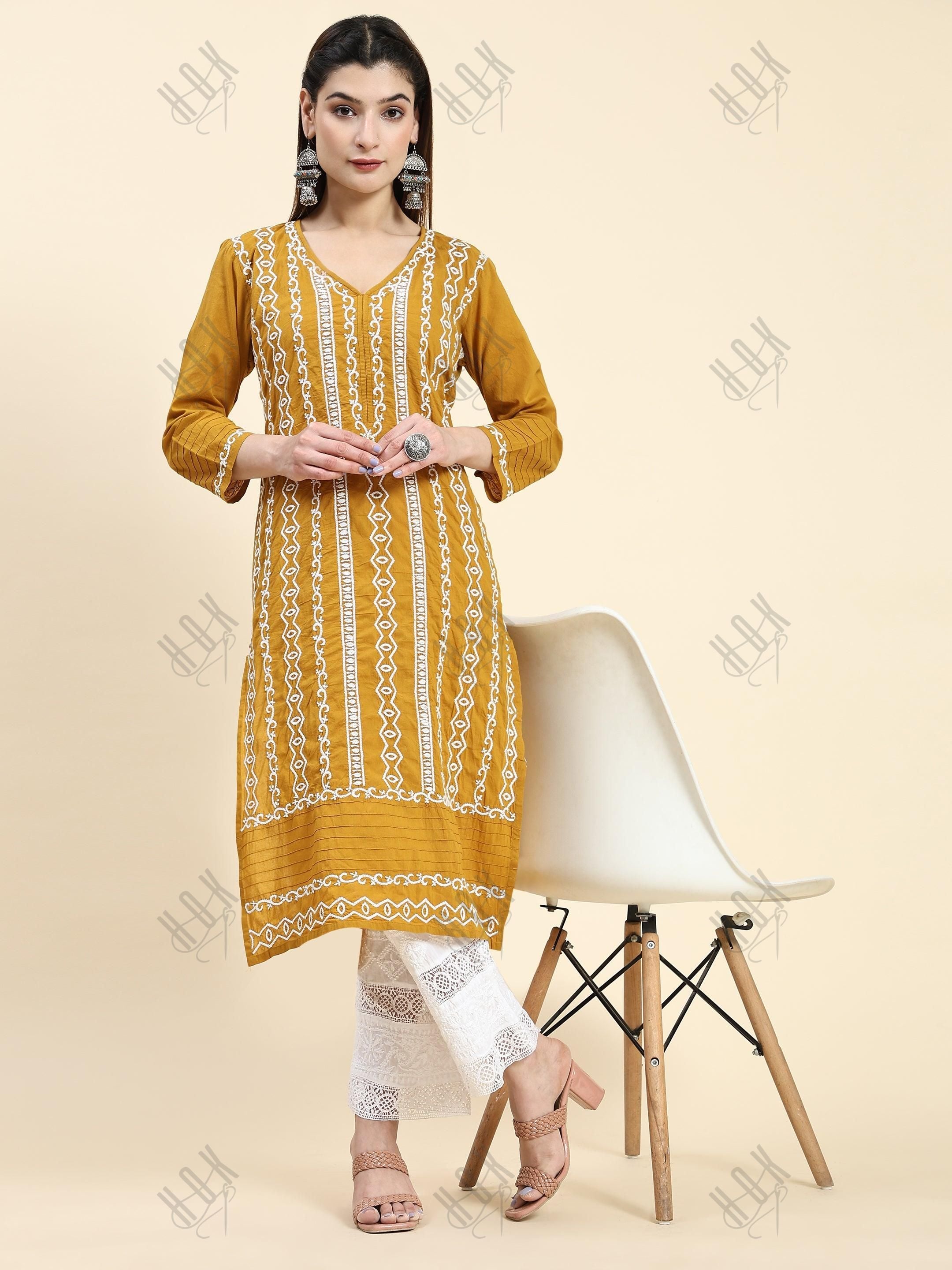 Samma Chikankari Long Kurti In Cotton for Women- Mustard - House Of Kari (Chikankari Clothing)