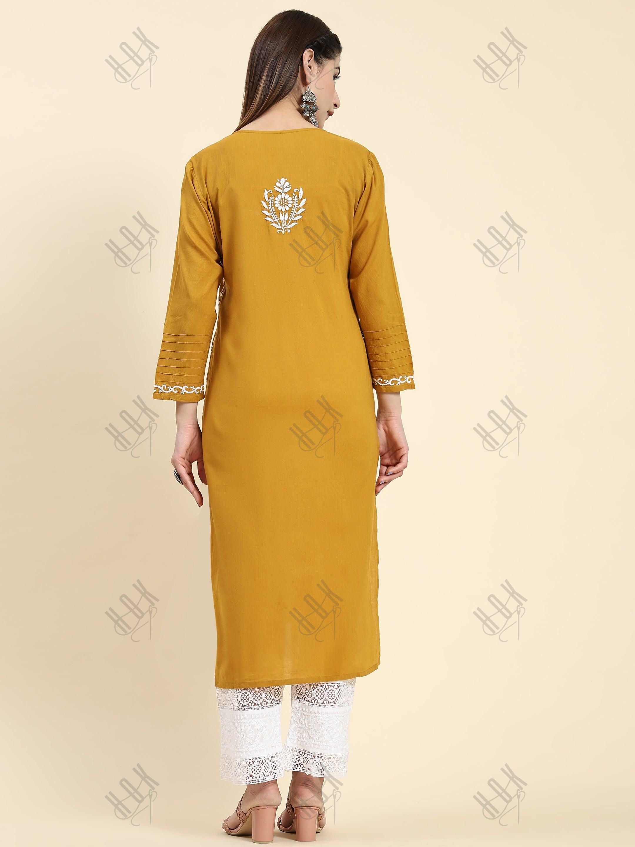 Samma Chikankari Long Kurti In Cotton for Women- Mustard - House Of Kari (Chikankari Clothing)