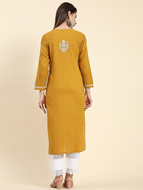 Samma Chikankari Long Kurti In Cotton for Women- Mustard - House Of Kari (Chikankari Clothing)