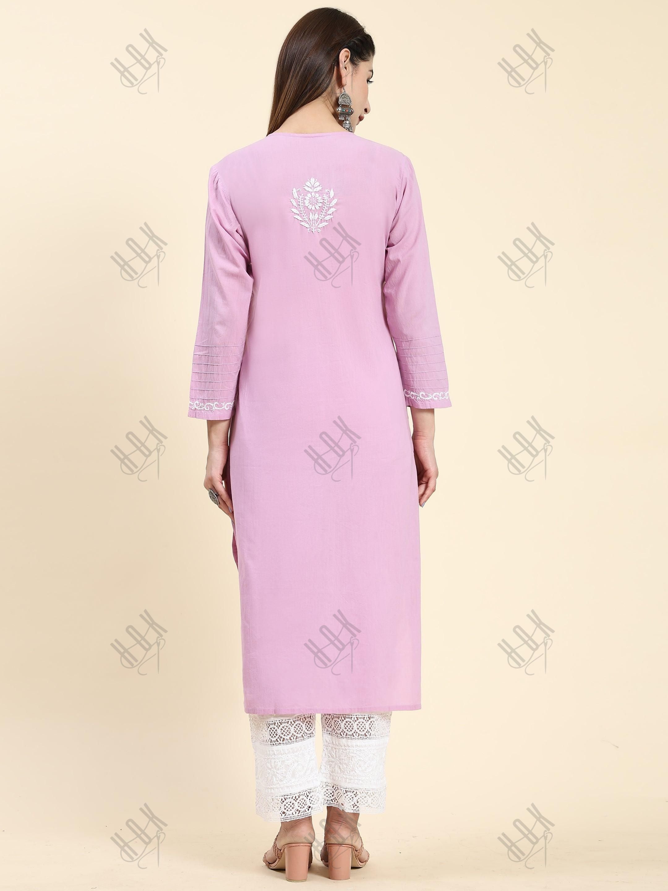 Samma Chikankari Long Kurti In Cotton for Women- Lavender - House Of Kari (Chikankari Clothing)