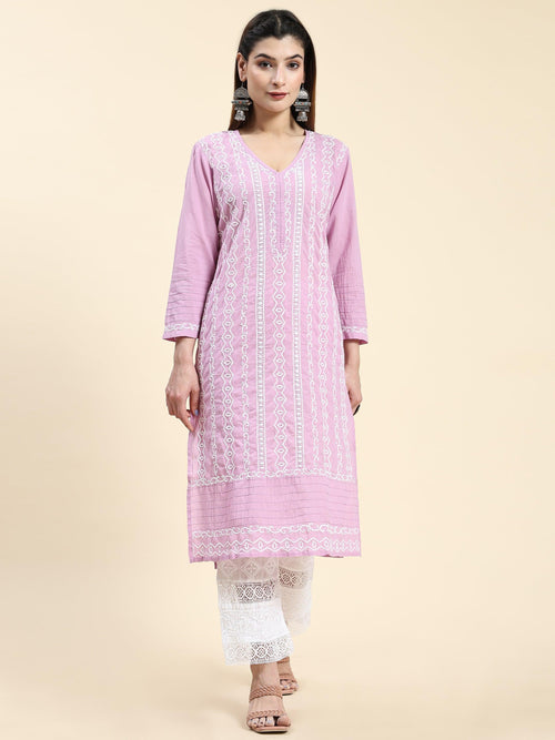Samma Chikankari Long Kurti In Cotton for Women- Lavender - House Of Kari (Chikankari Clothing)