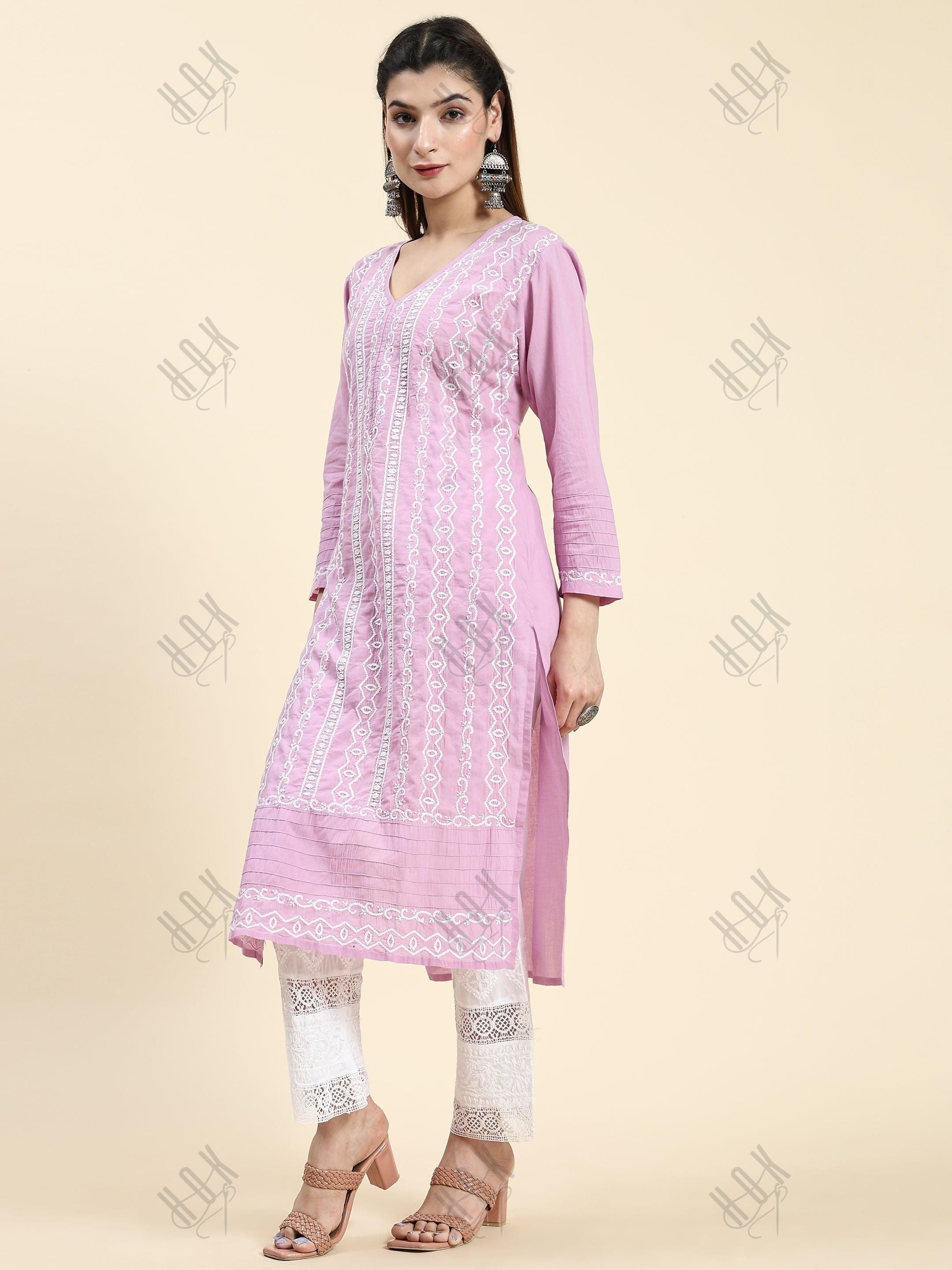 Samma Chikankari Long Kurti In Cotton for Women- Lavender - House Of Kari (Chikankari Clothing)