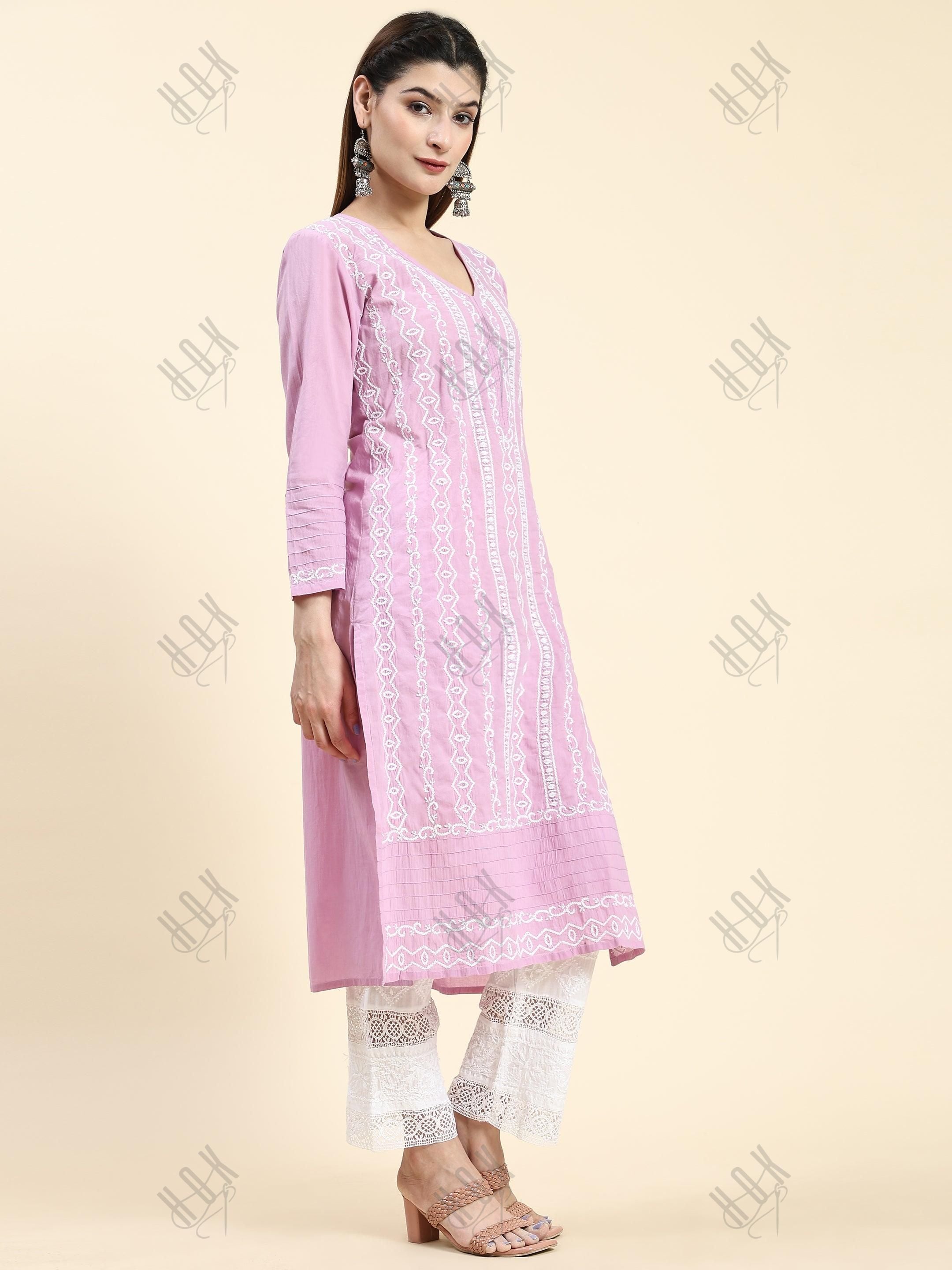 Samma Chikankari Long Kurti In Cotton for Women- Lavender - House Of Kari (Chikankari Clothing)