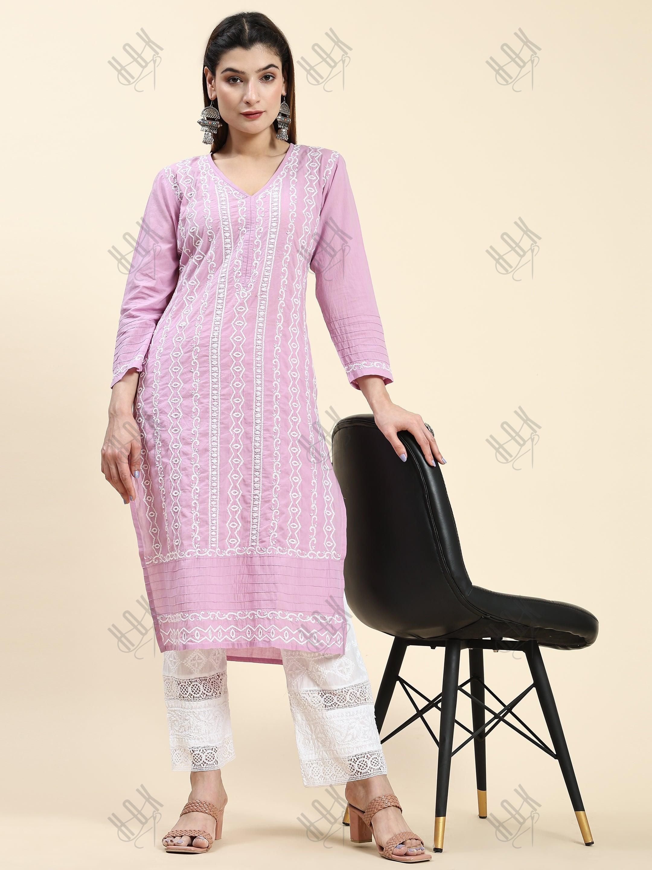 Samma Chikankari Long Kurti In Cotton for Women- Lavender - House Of Kari (Chikankari Clothing)