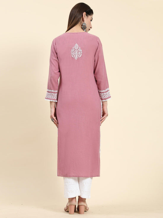 Samma Chikankari Long Kurti In Cotton for Women- Peach - House Of Kari (Chikankari Clothing)