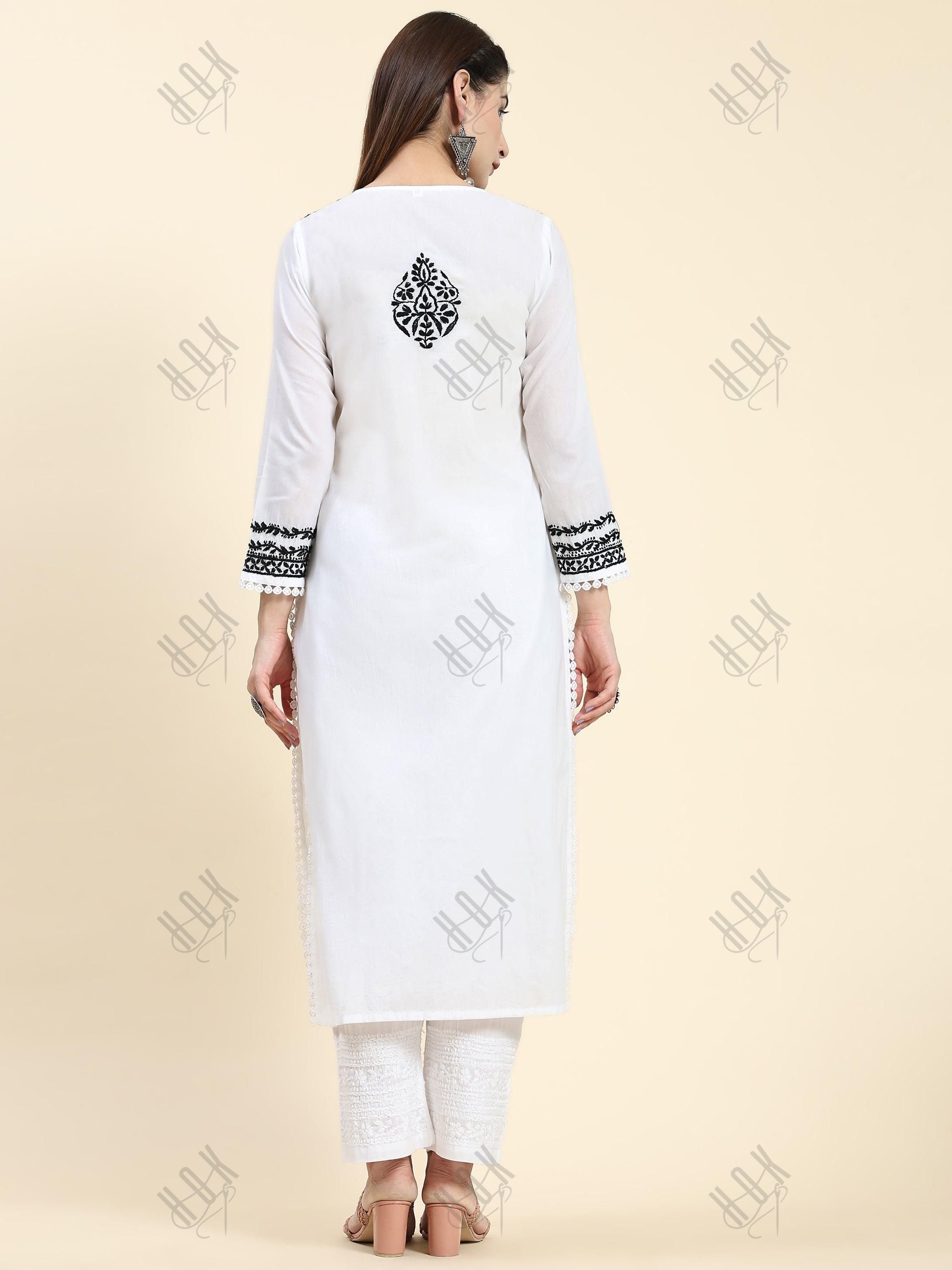 Samma Chikankari Long Kurti In Cotton for Women- White With Black - House Of Kari (Chikankari Clothing)