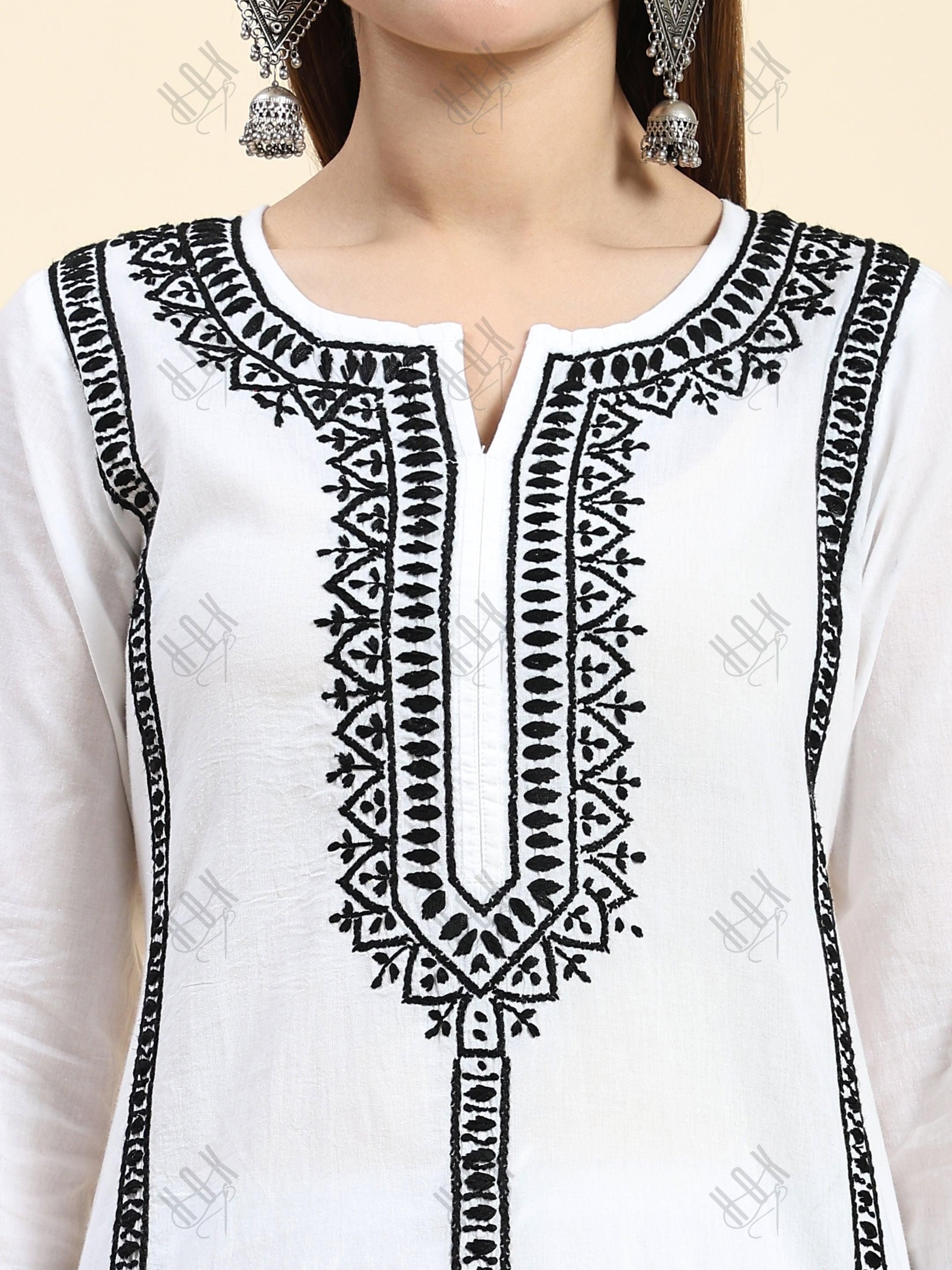 Samma Chikankari Long Kurti In Cotton for Women- White With Black - House Of Kari (Chikankari Clothing)