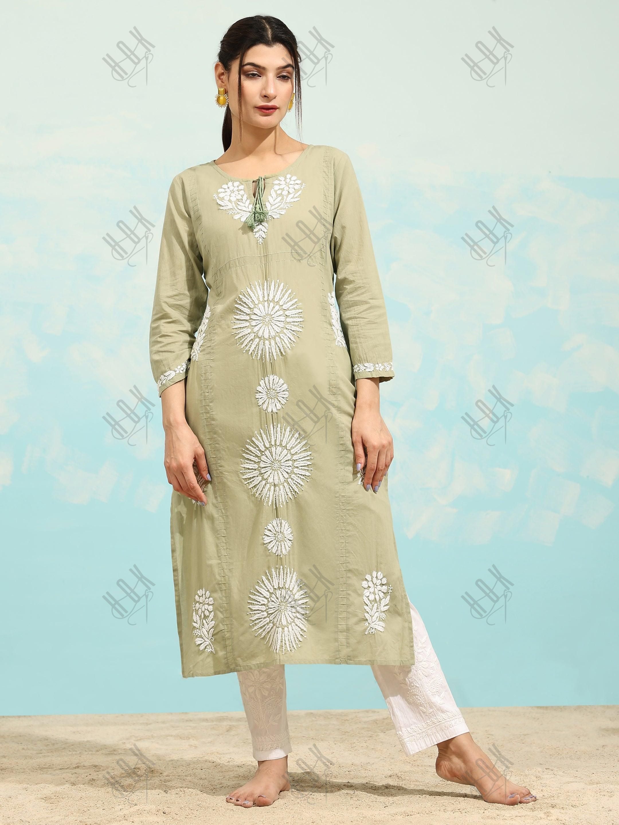 Samma Chikankari Long Kurti In Cotton for Women- Green - House Of Kari (Chikankari Clothing)