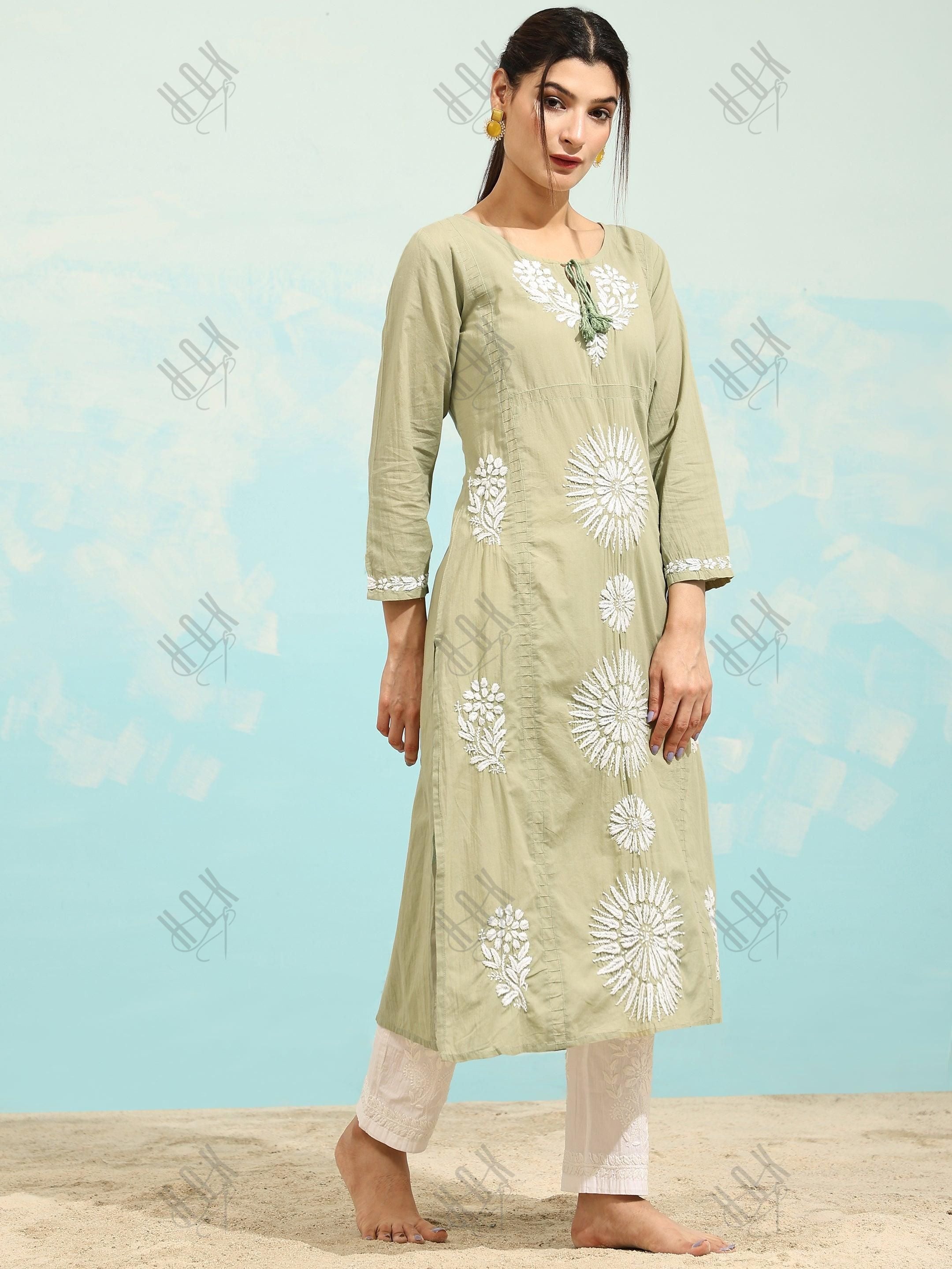 Samma Chikankari Long Kurti In Cotton for Women- Green - House Of Kari (Chikankari Clothing)