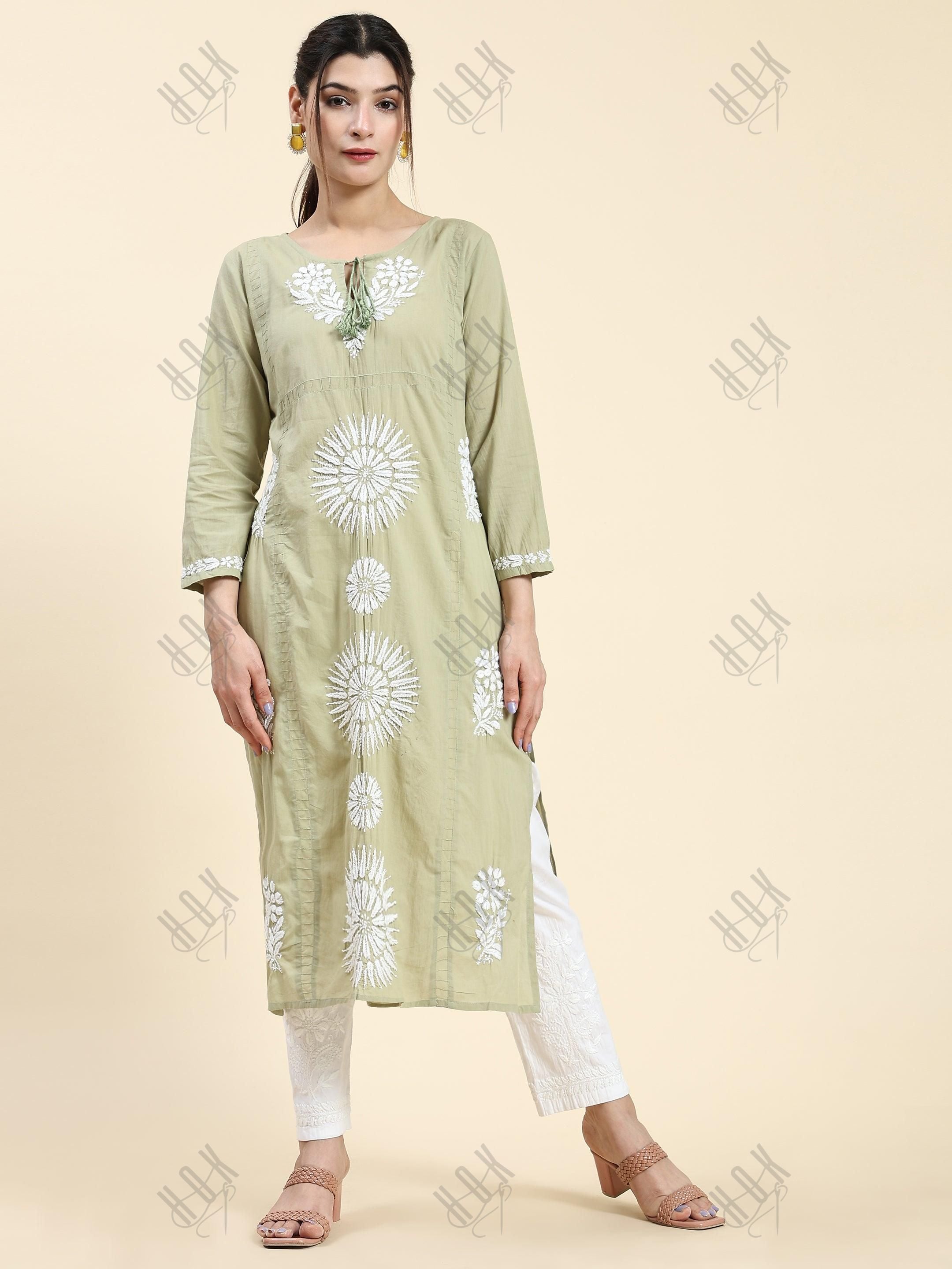 Samma Chikankari Long Kurti In Cotton for Women- Green - House Of Kari (Chikankari Clothing)