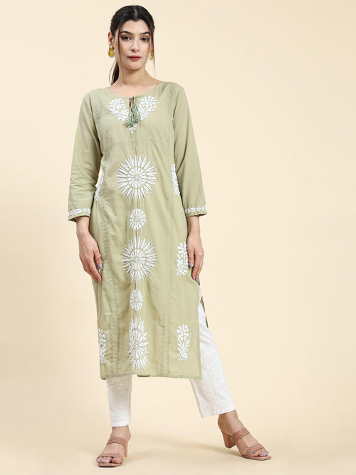 Samma Chikankari Long Kurti In Cotton for Women- Green - House Of Kari (Chikankari Clothing)