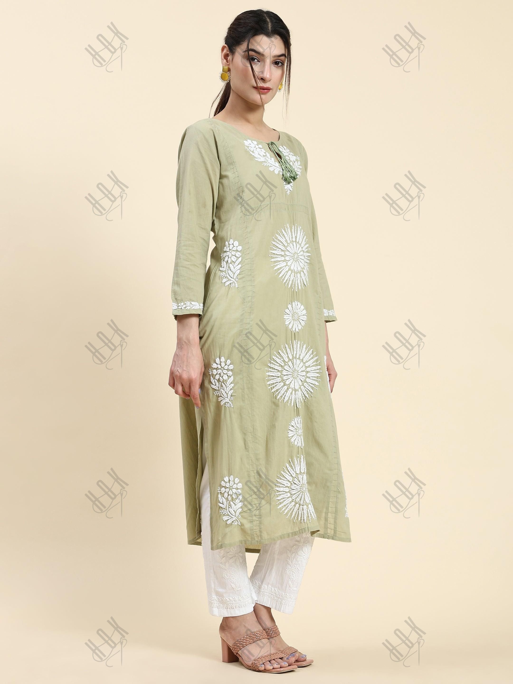 Samma Chikankari Long Kurti In Cotton for Women- Green - House Of Kari (Chikankari Clothing)