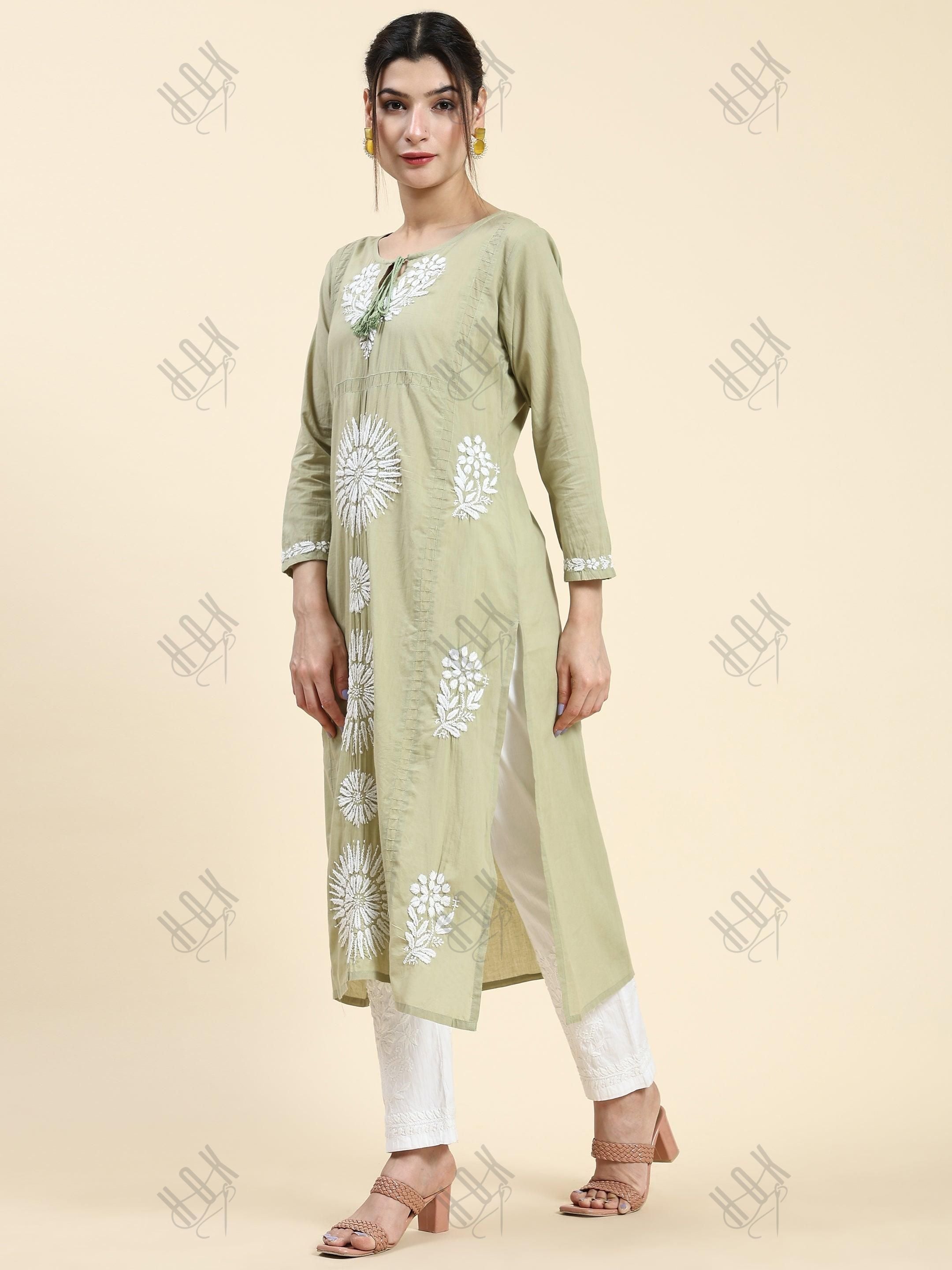 Samma Chikankari Long Kurti In Cotton for Women- Green - House Of Kari (Chikankari Clothing)