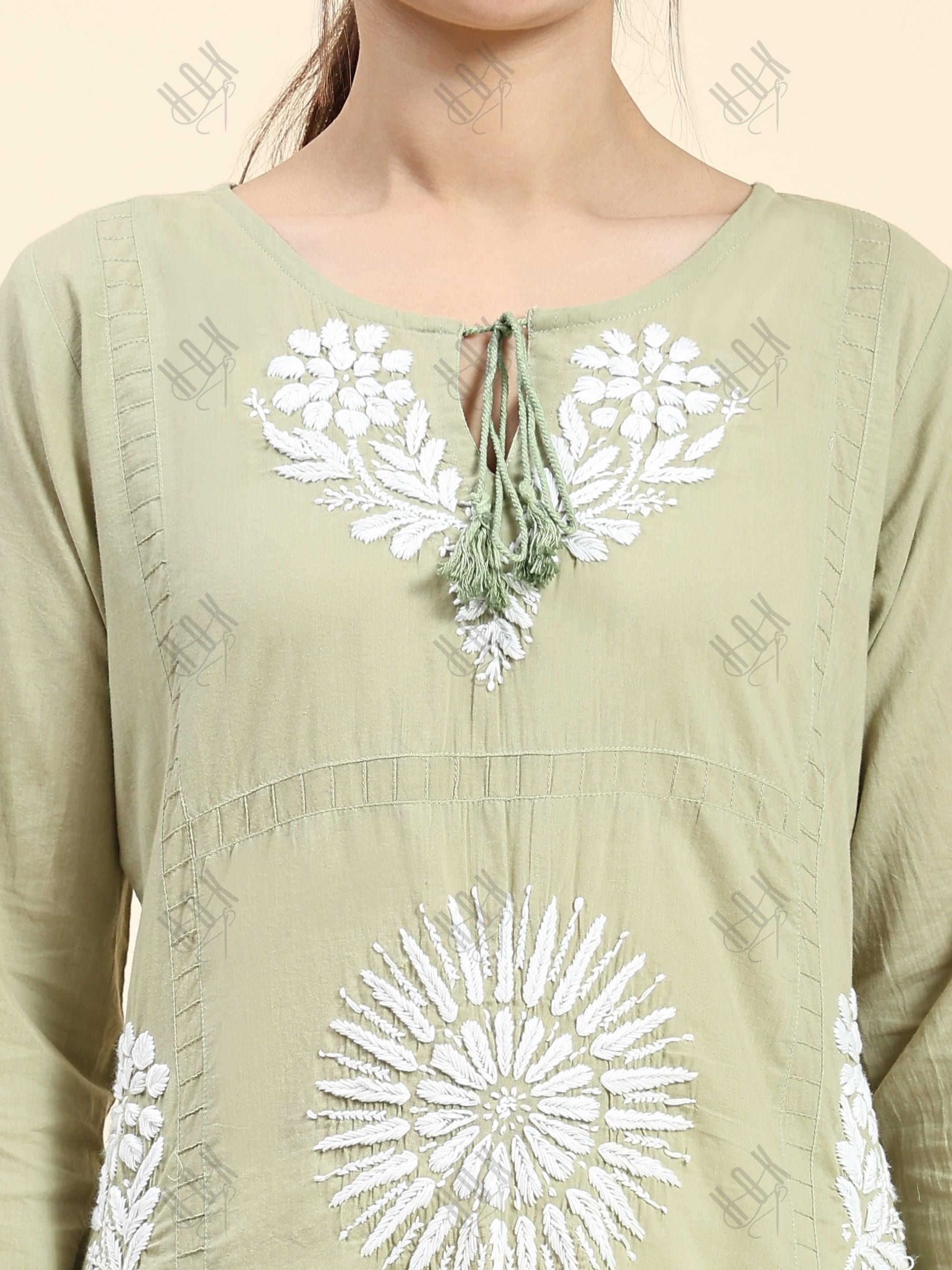 Samma Chikankari Long Kurti In Cotton for Women- Green - House Of Kari (Chikankari Clothing)