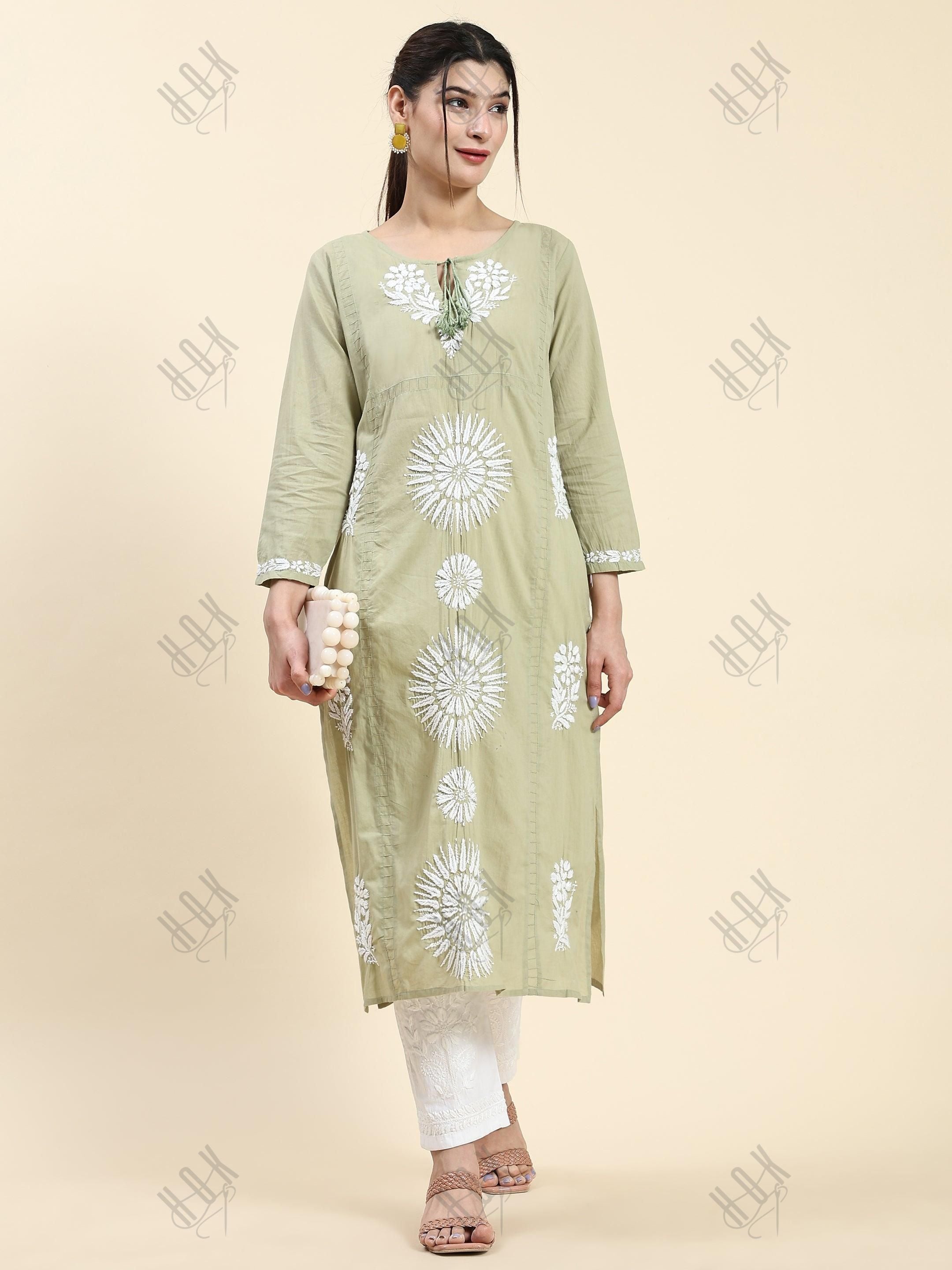 Samma Chikankari Long Kurti In Cotton for Women- Green - House Of Kari (Chikankari Clothing)