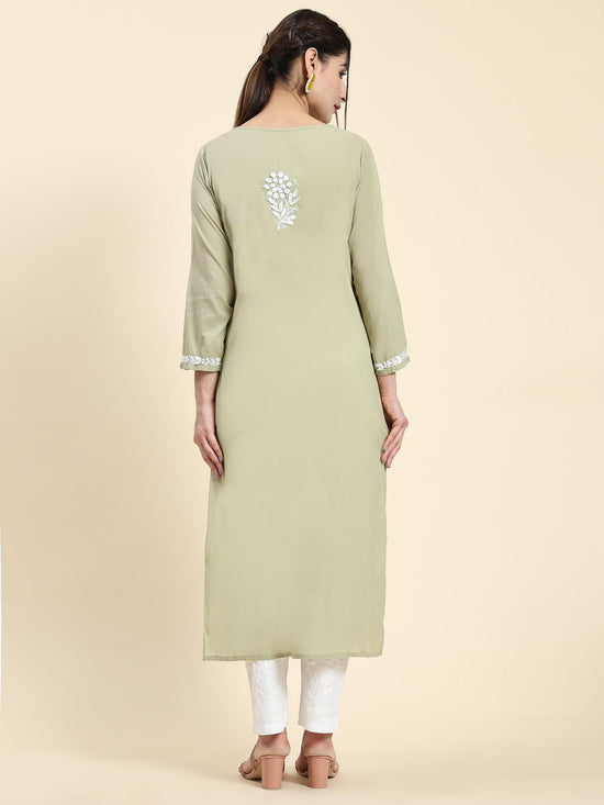Samma Chikankari Long Kurti In Cotton for Women- Green - House Of Kari (Chikankari Clothing)