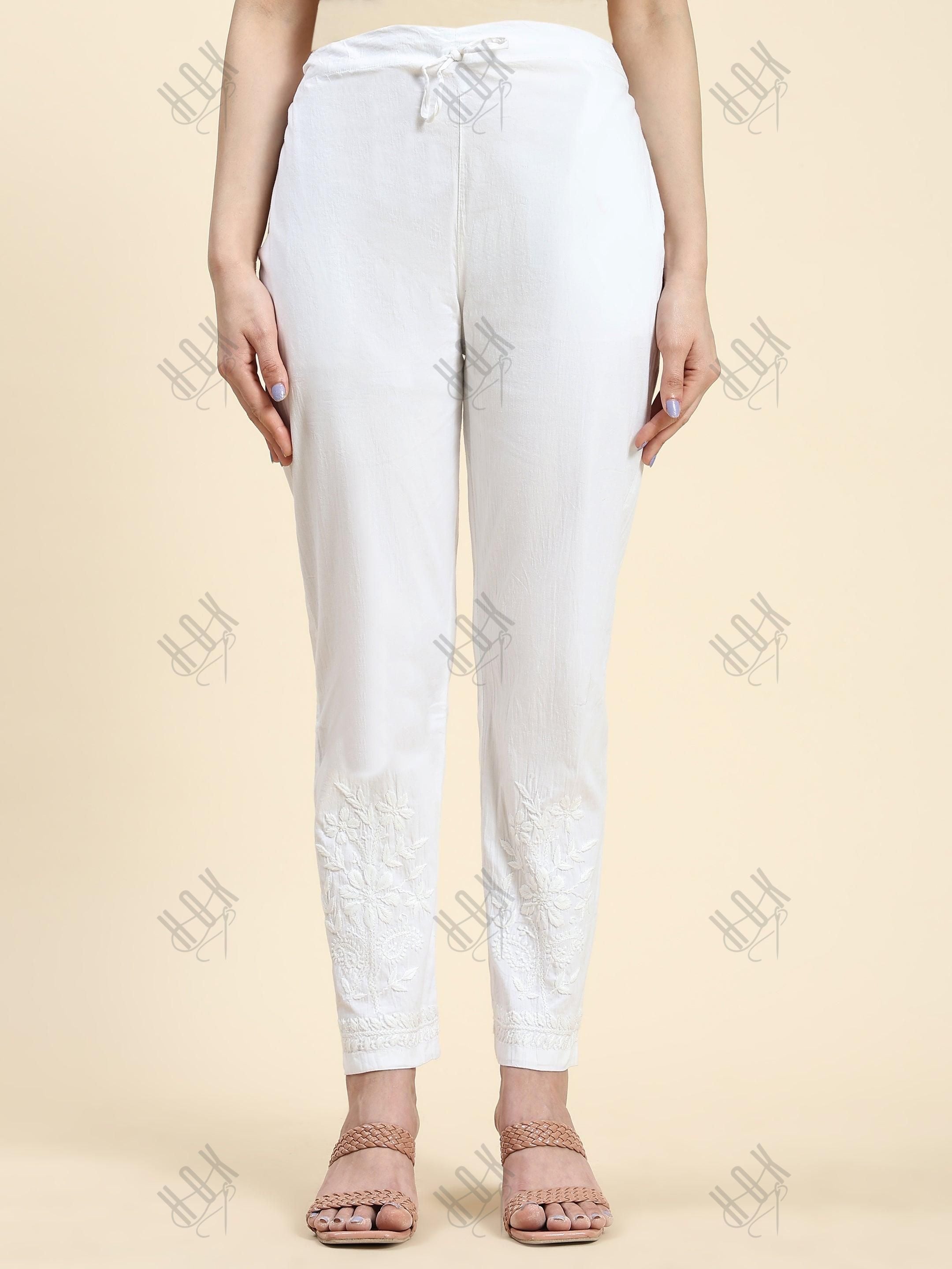 Samma Chikankari Lycra Trouser - White - House Of Kari (Chikankari Clothing)