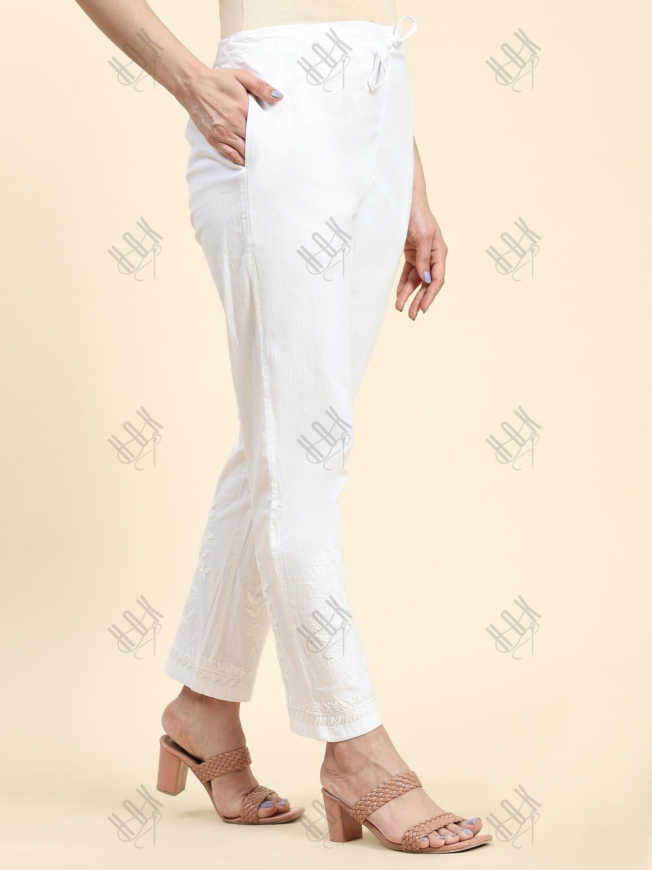 Samma Chikankari Lycra Trouser - White - House Of Kari (Chikankari Clothing)