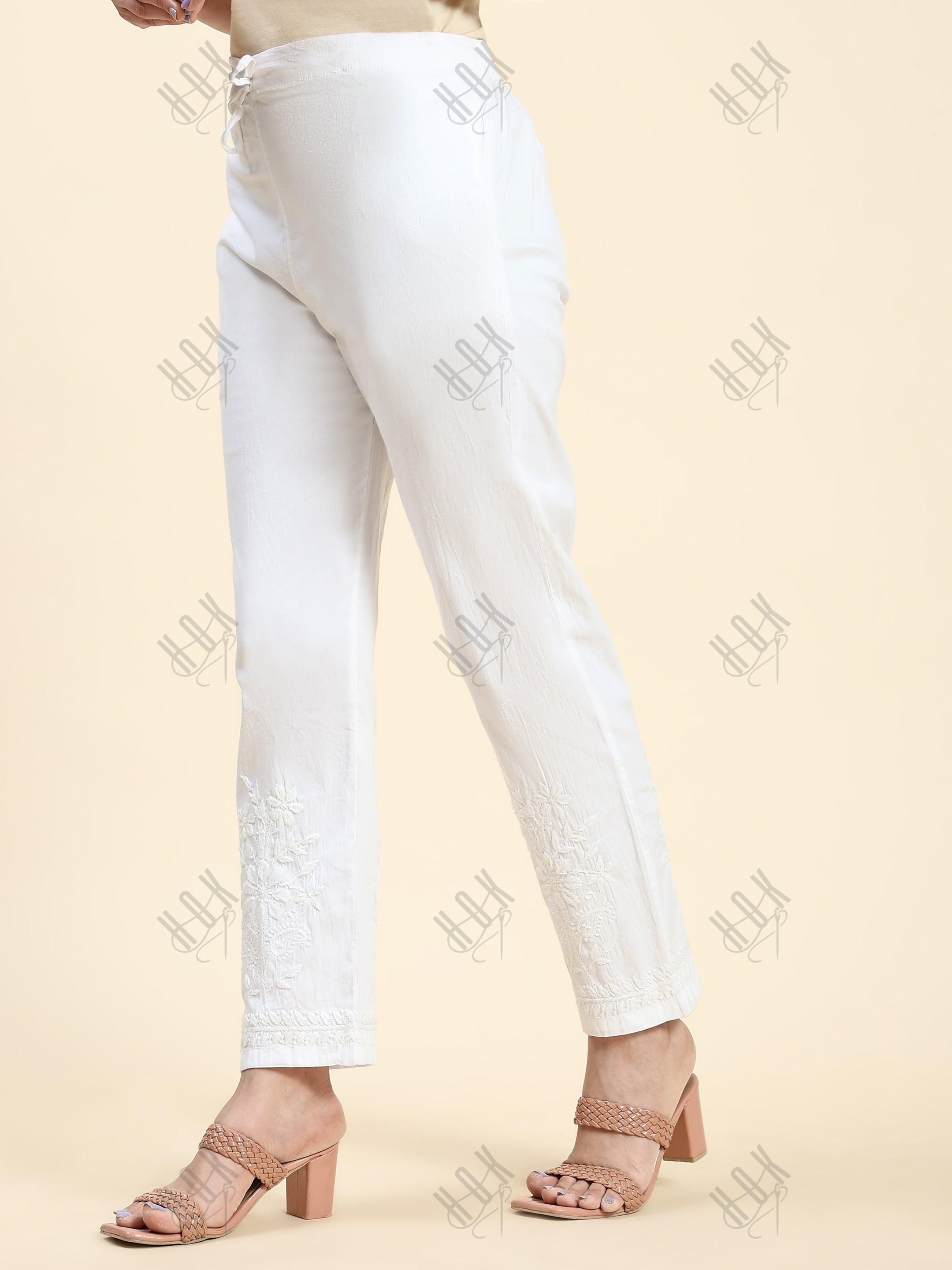 Samma Chikankari Lycra Trouser - White - House Of Kari (Chikankari Clothing)