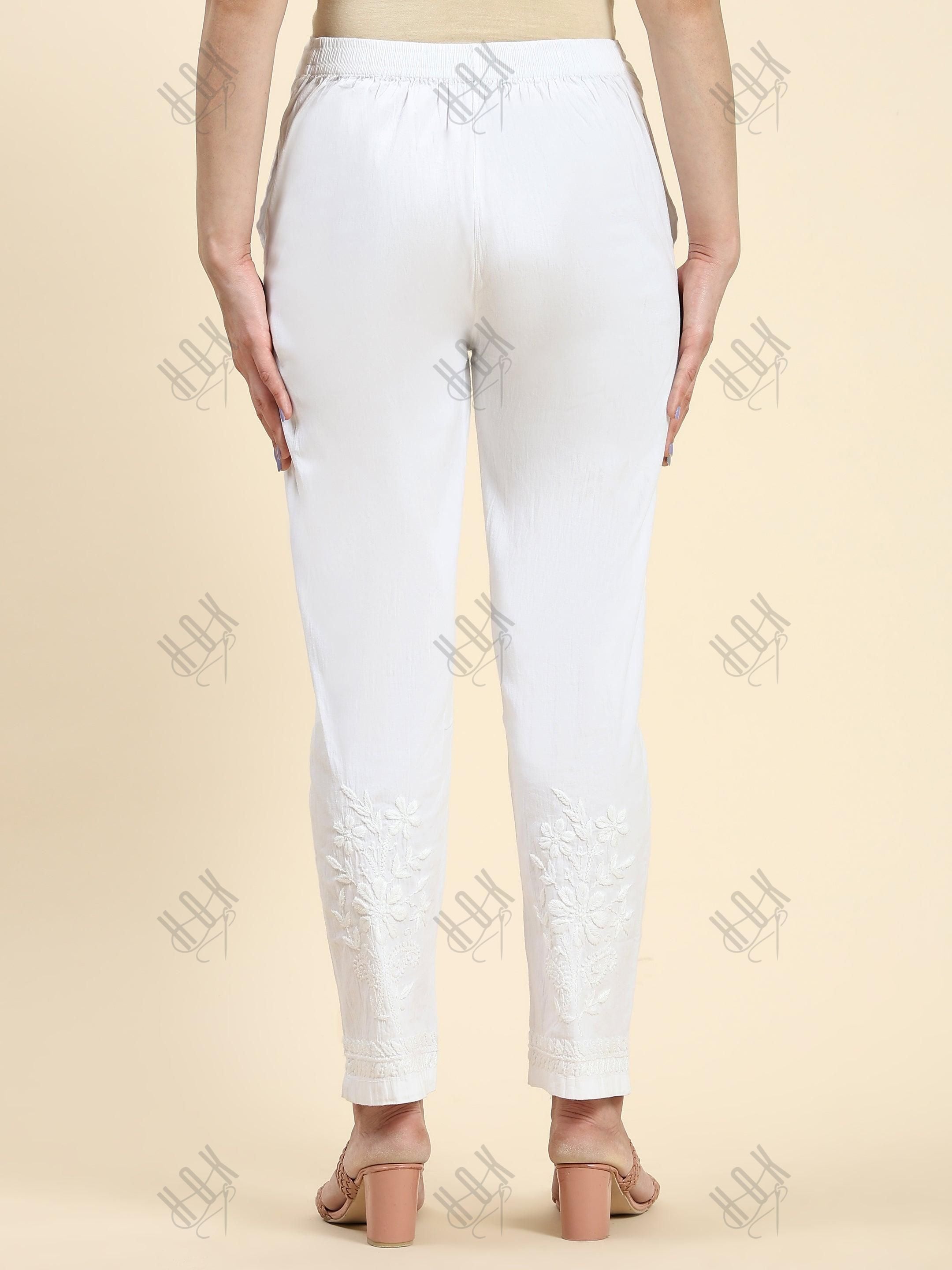 Samma Chikankari Lycra Trouser - White - House Of Kari (Chikankari Clothing)