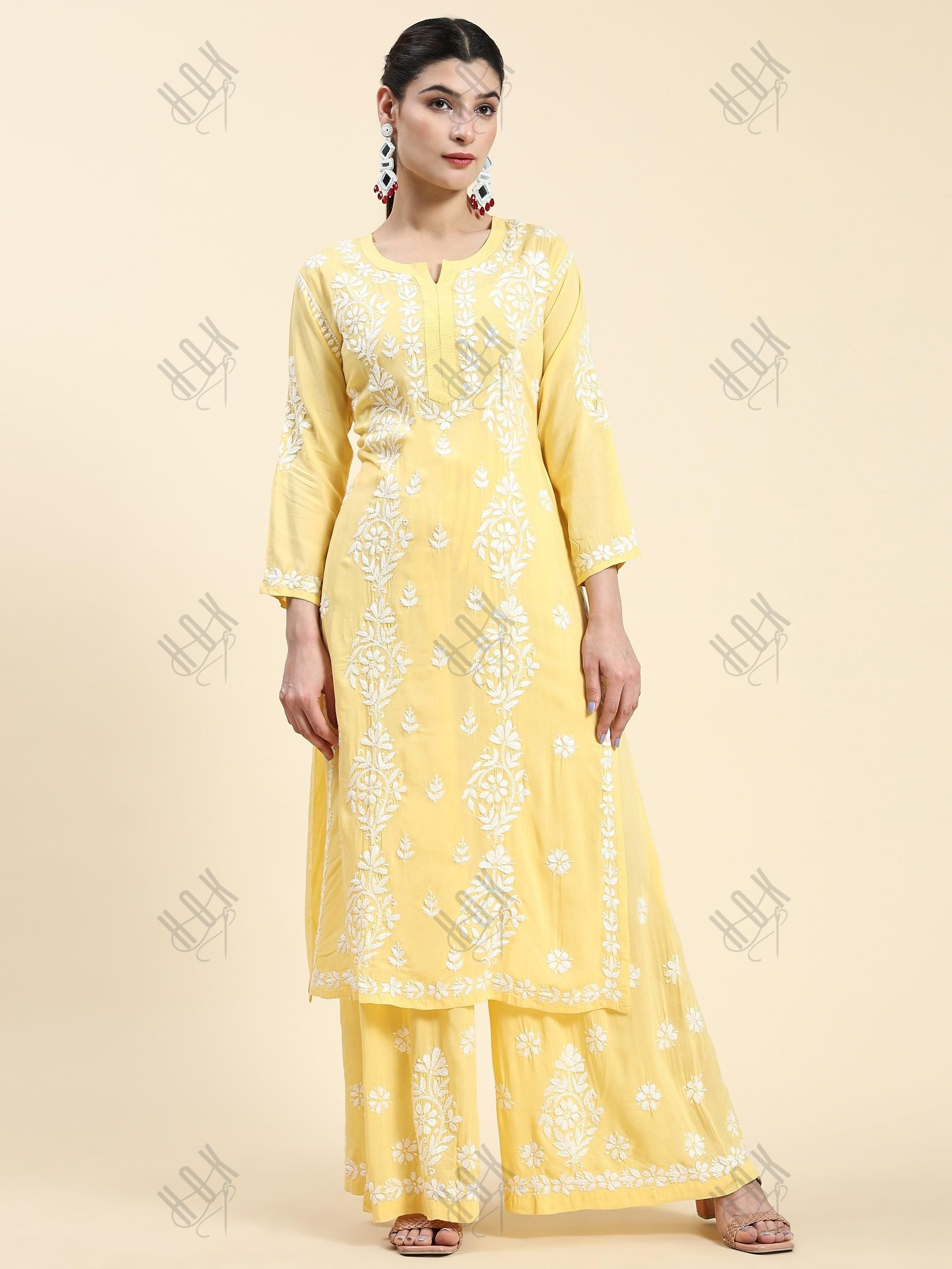 Samma Chikankari CO-ORD Set In Modal Cotton for Women In Yellow - House Of Kari (Chikankari Clothing)