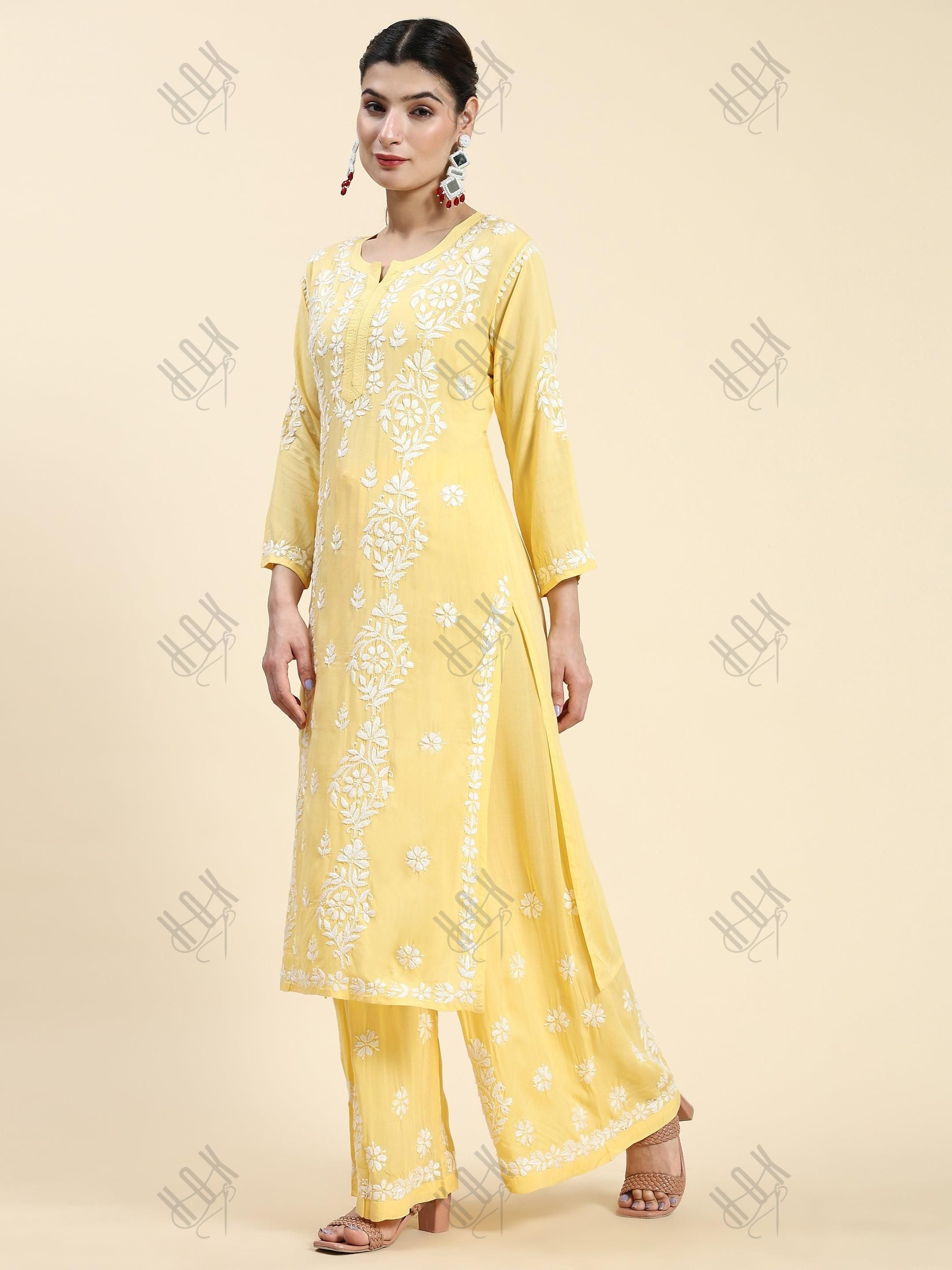 Samma Chikankari CO-ORD Set In Modal Cotton for Women In Yellow - House Of Kari (Chikankari Clothing)