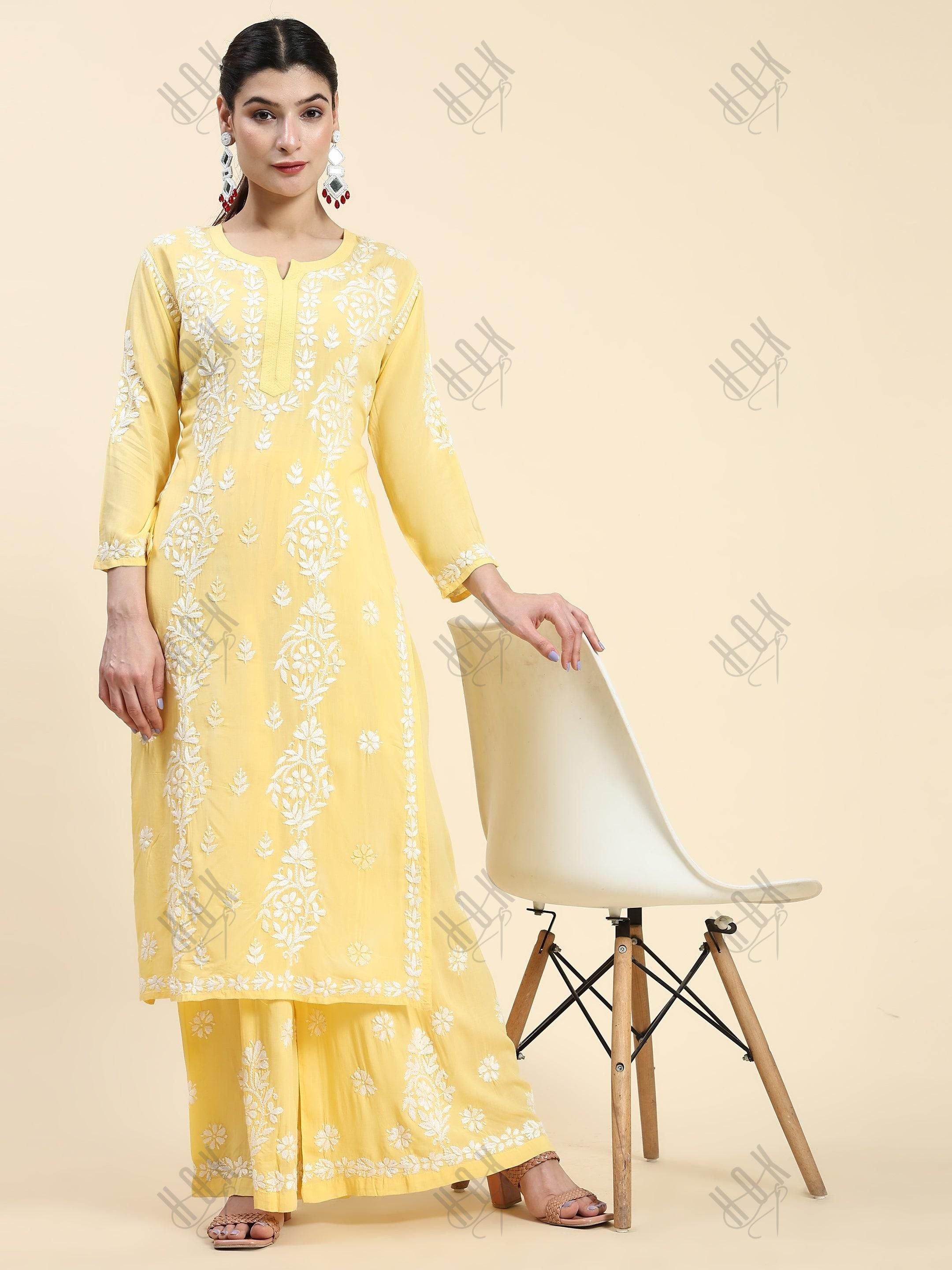 Samma Chikankari CO-ORD Set In Modal Cotton for Women In Yellow - House Of Kari (Chikankari Clothing)