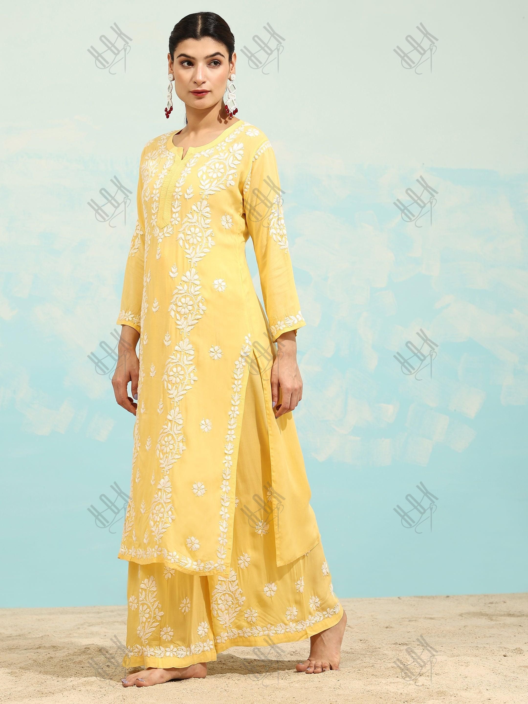 Samma Chikankari CO-ORD Set In Modal Cotton for Women In Yellow - House Of Kari (Chikankari Clothing)