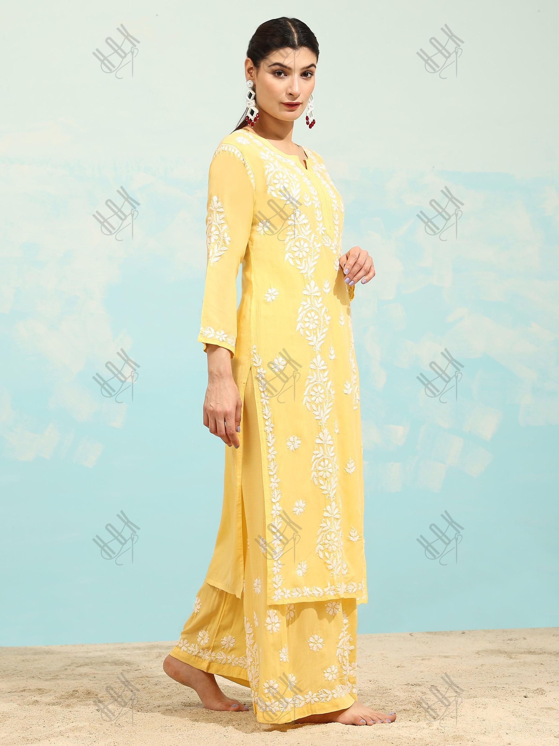 Samma Chikankari CO-ORD Set In Modal Cotton for Women In Yellow - House Of Kari (Chikankari Clothing)