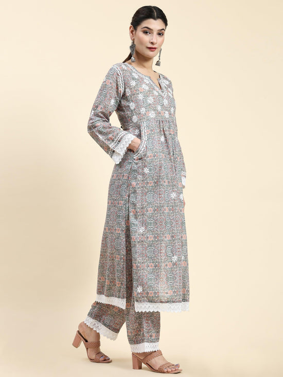 Samma Chikankari CO-ORD Set In Mul Cotton for Women In Grey Print - House Of Kari (Chikankari Clothing)