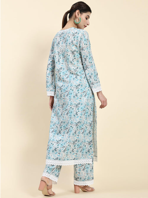 Samma Chikankari CO-ORD Set In Mul Cotton for Women In Light Blue - House Of Kari (Chikankari Clothing)
