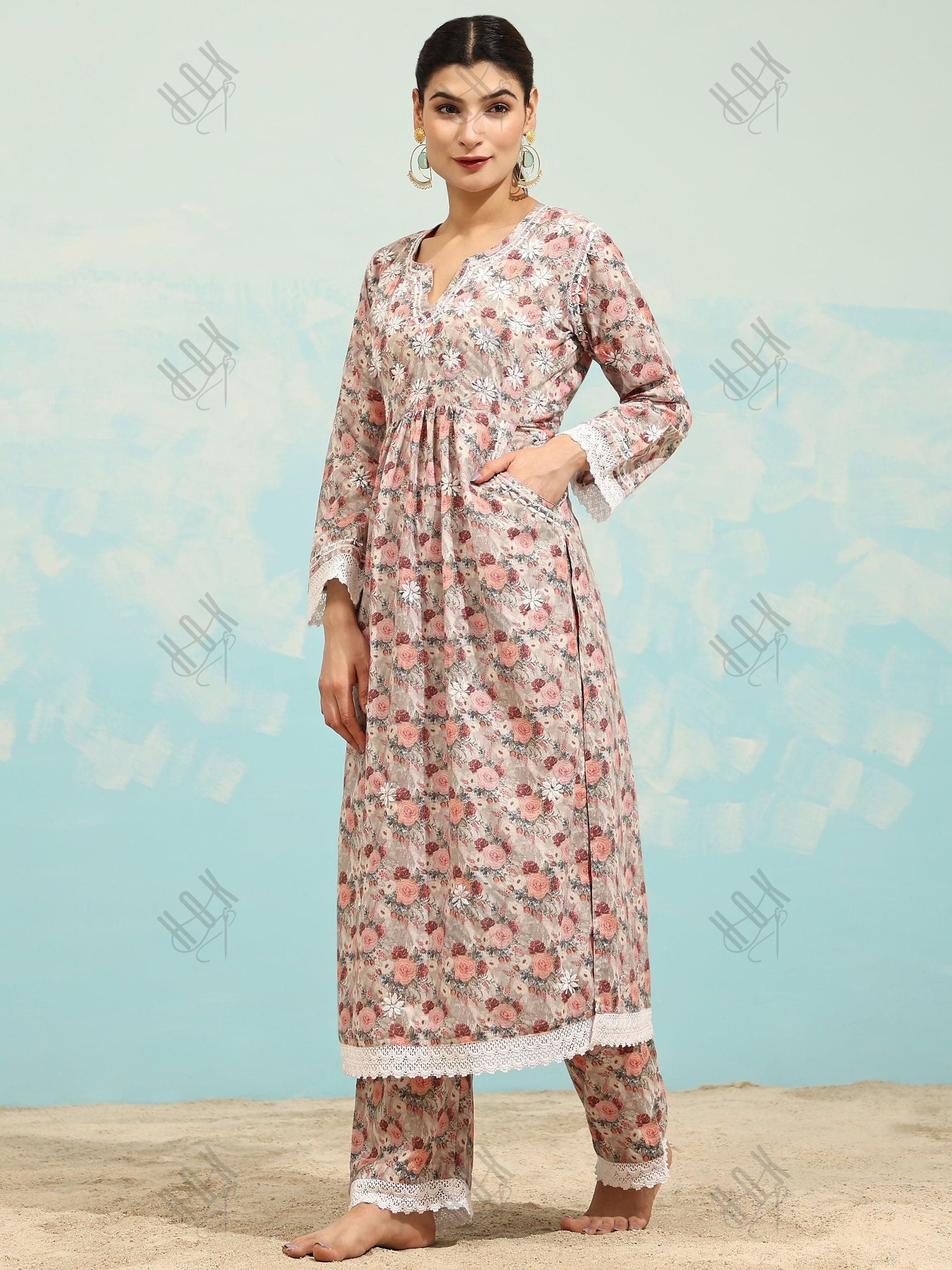 Samma Chikankari CO-ORD Set In Mul Cotton for Women In Pink - House Of Kari (Chikankari Clothing)