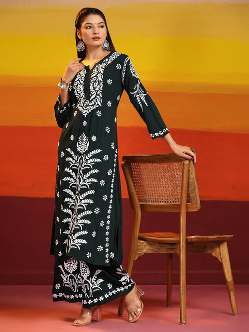 Samma Chikankari Co-Ord Set In Modal Cotton For Women With Palm Embroidery - House Of Kari (Chikankari Clothing)