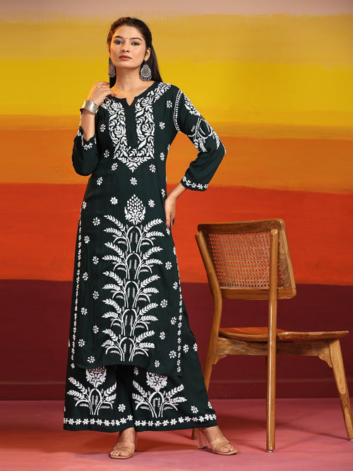 Samma Chikankari Co-Ord Set In Modal Cotton For Women With Palm Embroidery - House Of Kari (Chikankari Clothing)