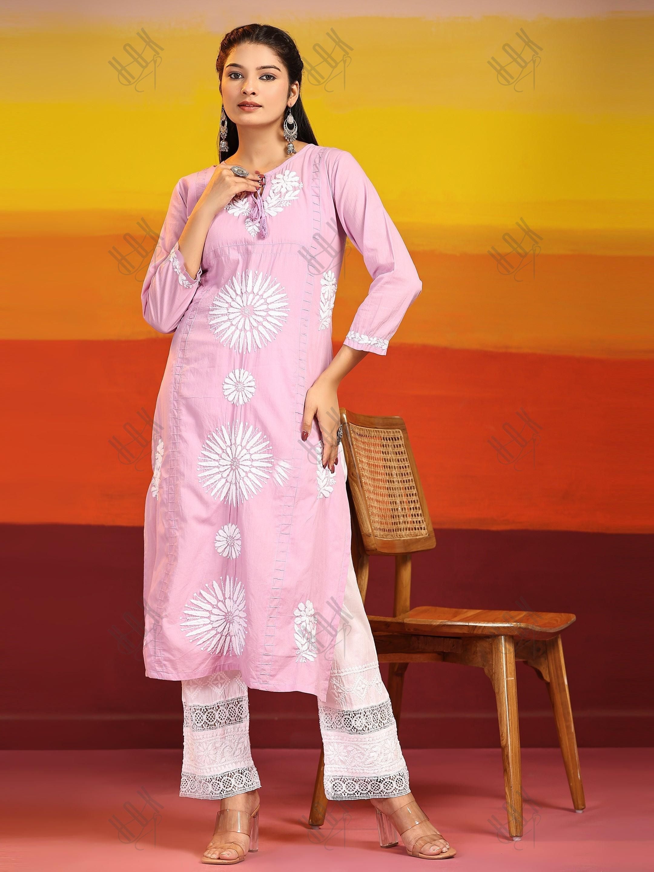 Samma Hand Embroidery Kurta With Dori In Cotton For Women - House Of Kari (Chikankari Clothing)