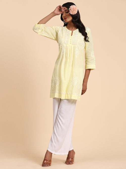 HOK chikankari Tunic for Women -Yellow - House Of Kari (Chikankari Clothing)